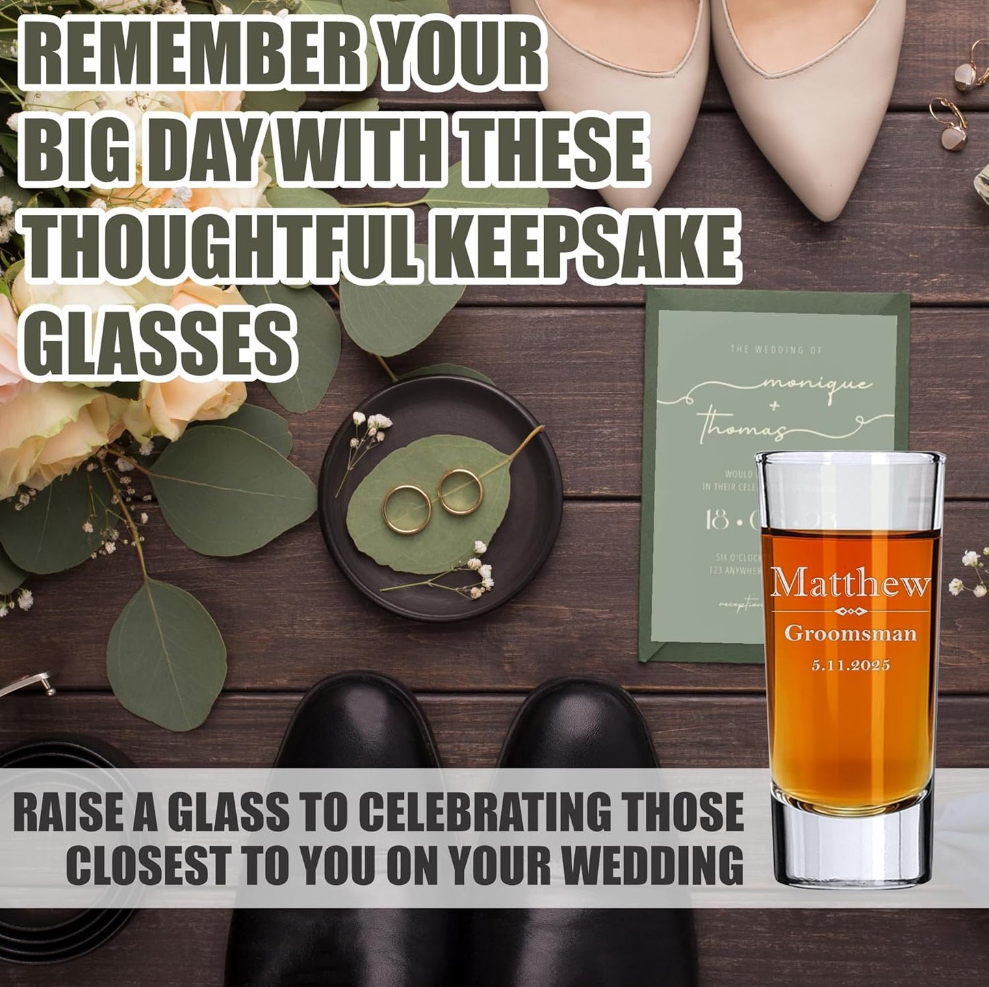 Custom Engraved Shot Glass – 2oz Tall Clear Glass – Personalized Gift for Wedding Party – Classic Etched Barware Keepsake for Groomsmen, Bridesmaids, and More (1)