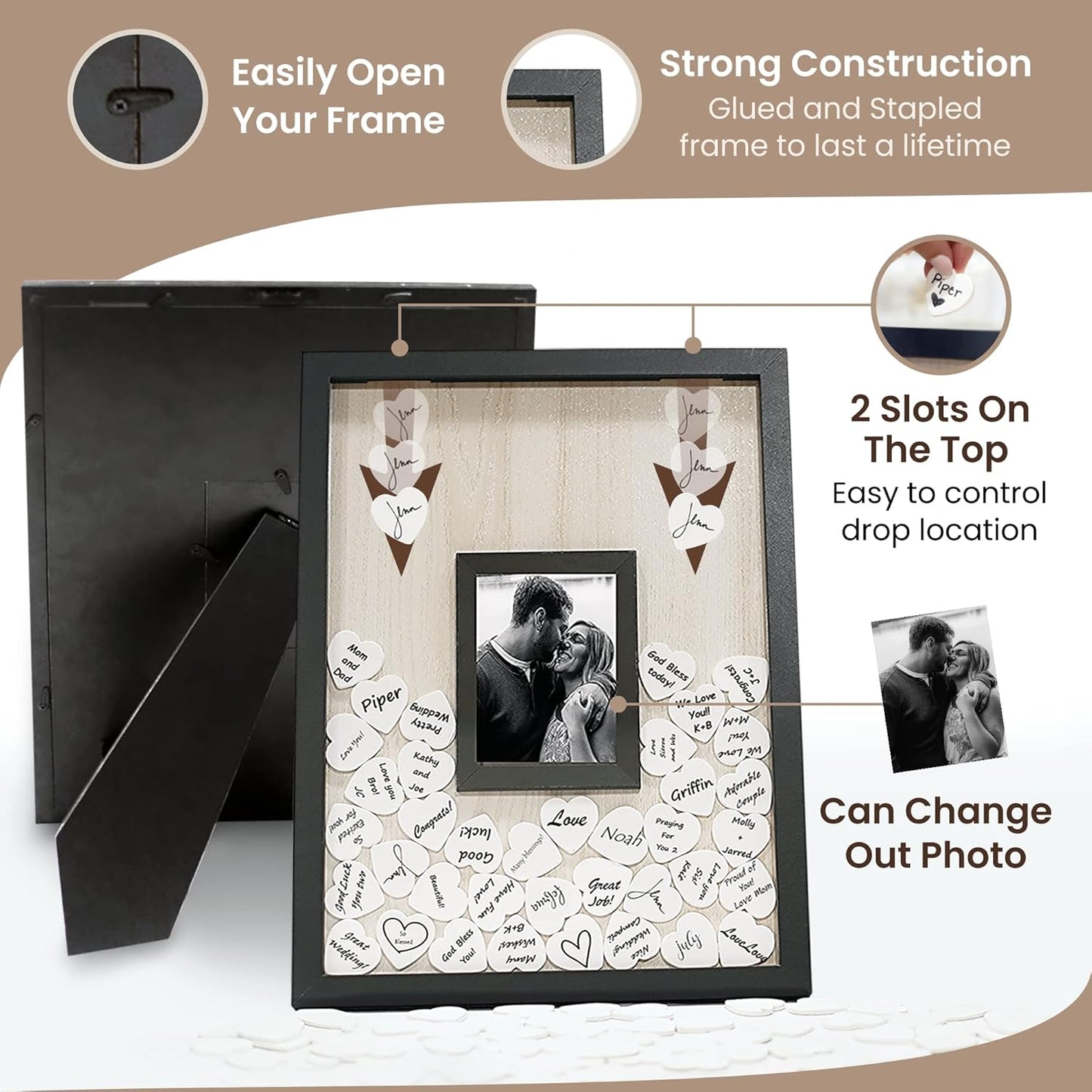 Wedding Guest Book Alternative, Registry Item,12x16 Picture Frame, 70 Pcs Welcome Sign, Gift, White Hearts, Baby Shower Registry, Anniversary, Funeral, Memories (Black)