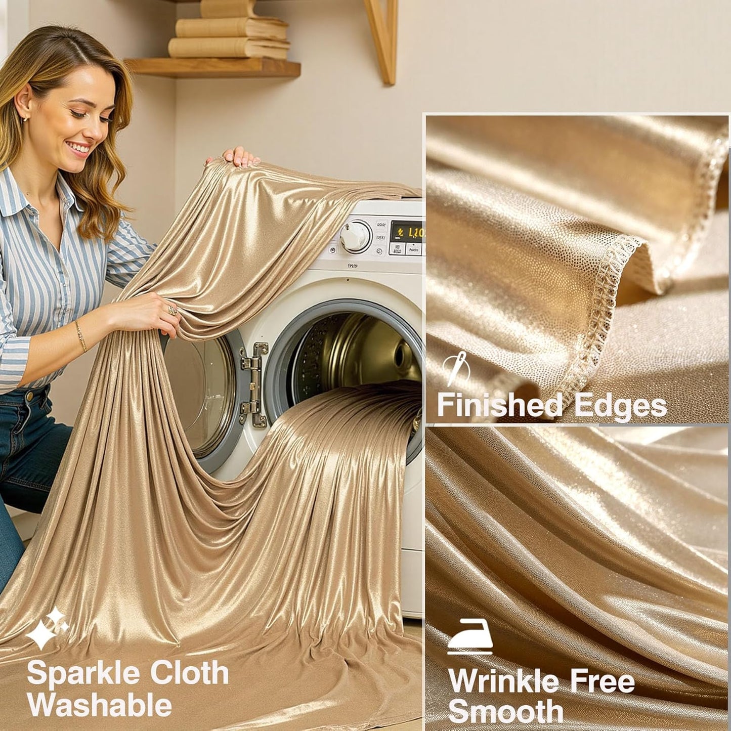 10x10 ft Champagne Sequin Backdrop Curtain with Lights for Parties, Wrinkle Free Glitter Photo Backdrop Drapes Shimmer Back Drop Cloth for Wedding Birthday Photography Background