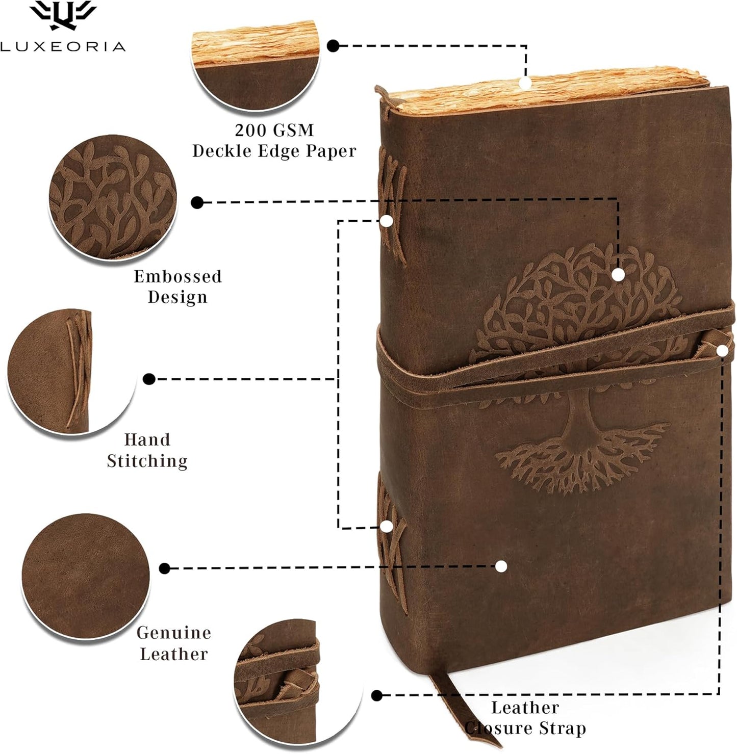 LUXEORIA Tree Of Life Leather Journal for Women and Men, Handcrafted Leather Journal for Writing Womens, Sketchbook, Travel Diary with Unlined Deckle Paper, Distressed Brown 8x13