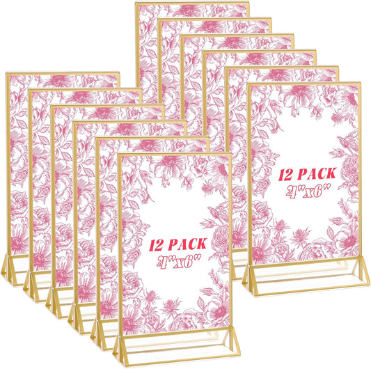 12 Pack Acrylic Sign Holder 4 x 6 Gold Picture Frames, Double Sided Flyer Display Holder Menu Holder, Acrylic Frames for Wedding Table Number