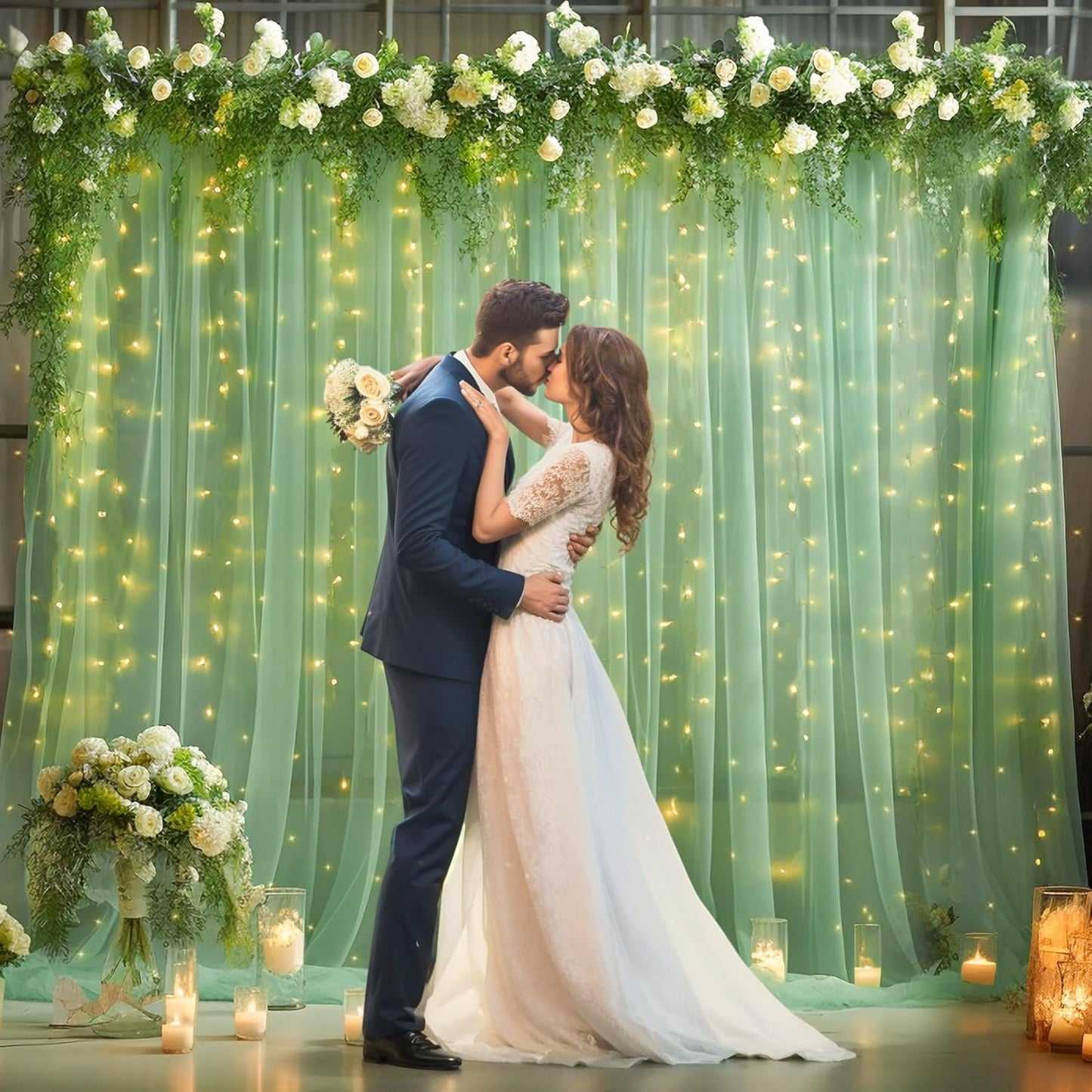 10×10ft Green Tulle Backdrop Curtain with Lights String for Parties, Sheer Photo Curtain Backdrop Drapes for Wedding Party Photography Backgrounds