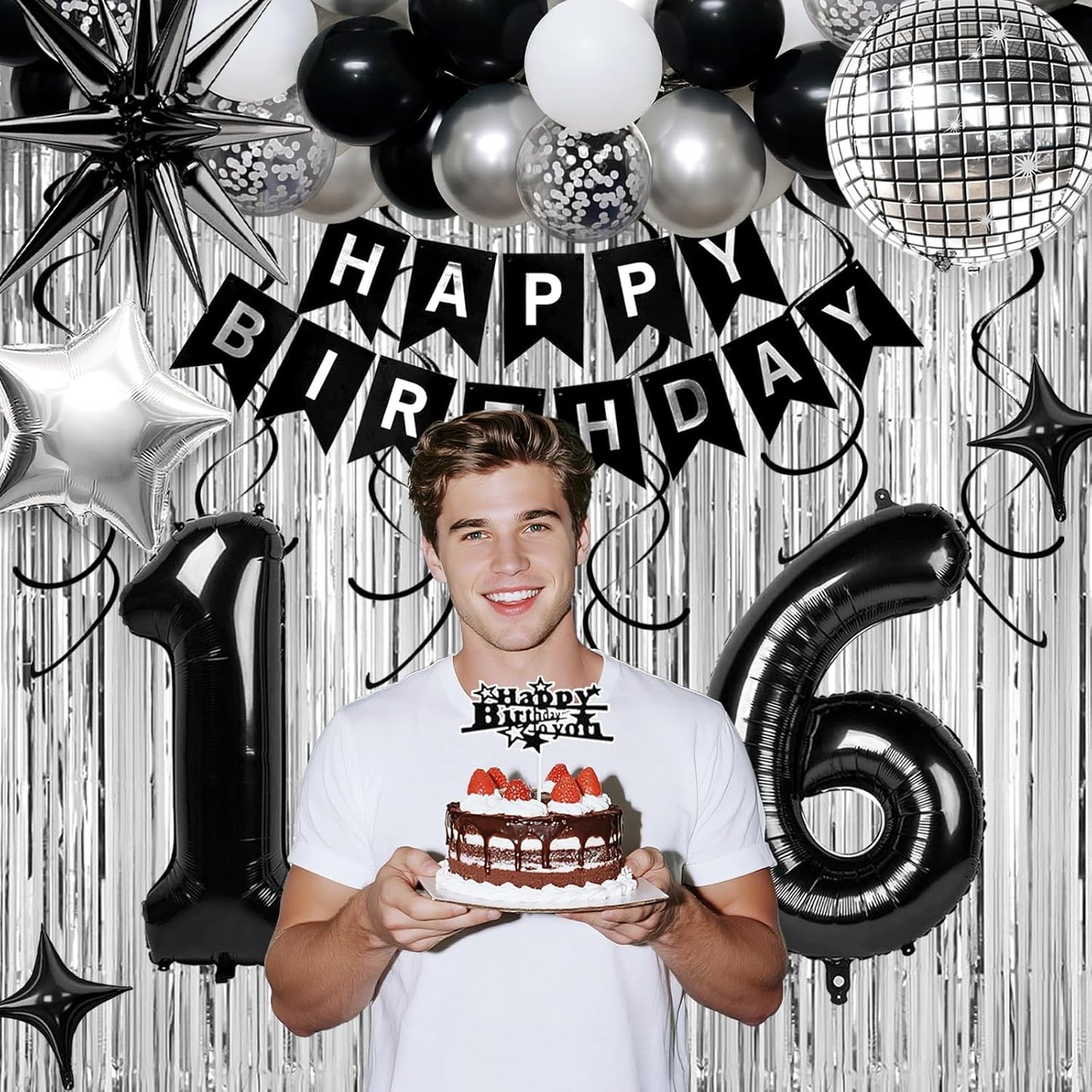 16th Birthday Decorations for Boys Girls, Black Silver Happy Birthday Party Decorations， 16 Year Old Party Supplies with Number 16 Balloons, Banner, Fringe Curtains Kit