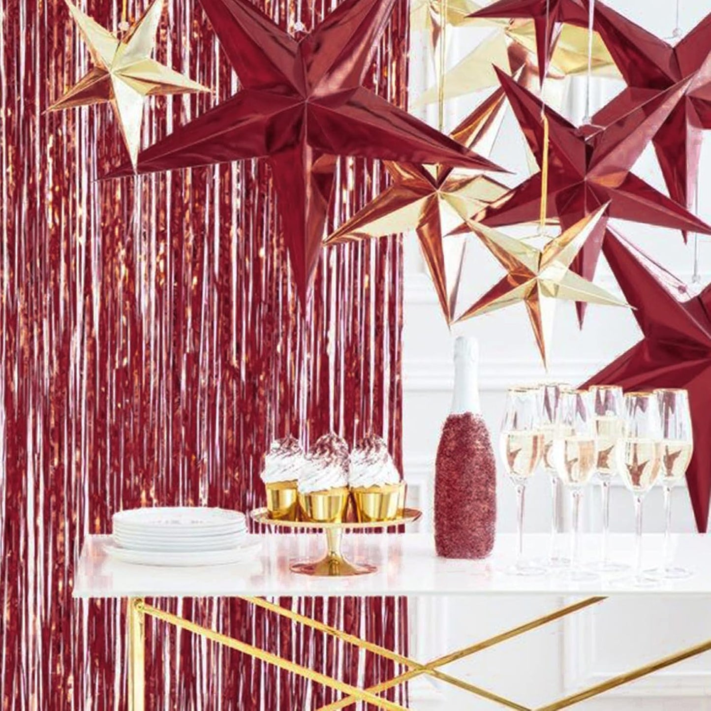 PartyWoo Red Streamers Fringe Curtain Backdrop 2pcs 8.2 ft Red Tinsel Foil Backdrop for Birthday Graduation Bachelorette Citizenship Strawberry Cherry Casino Movie Marry Me Theme Party Decorations