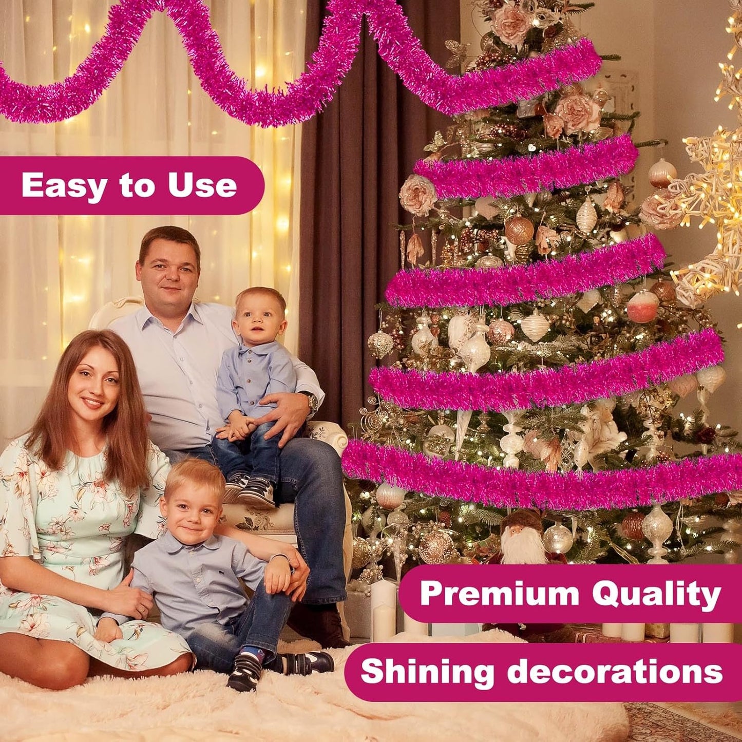 50 Feet Fuchsia Christmas Tinsel Garland, Metallic Foil Twist Banner Wall Hanging Tinsel Streamers Backdrop for Parade Floats, Christmas, Mother's Day, Birthday Party Decorations(2in x 50ft)