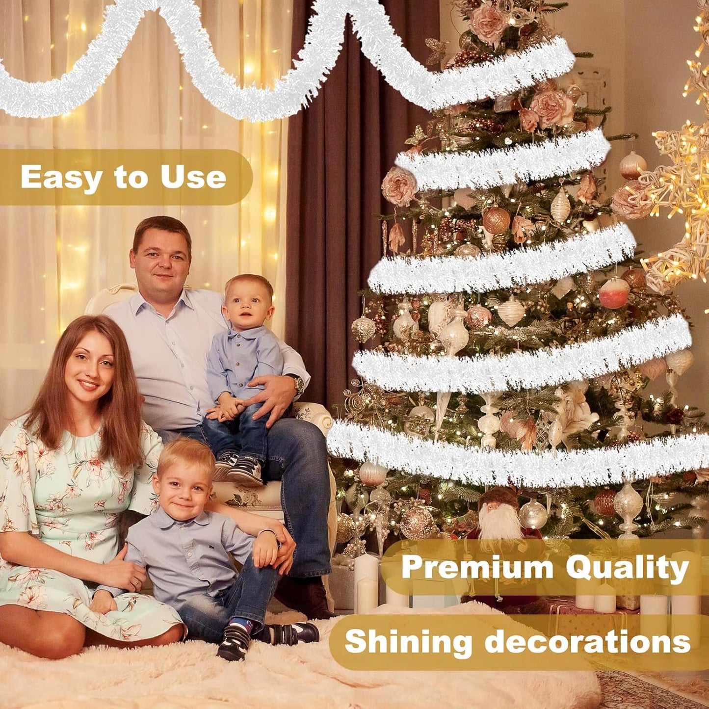 50 Feet Macaron White Christmas Tinsel Garland, Metallic Foil Twist Banner Wall Hanging Tinsel Streamers Backdrop for Parade Floats, Christmas, Mother's Day, Birthday Party Decorations(2in x 50ft)