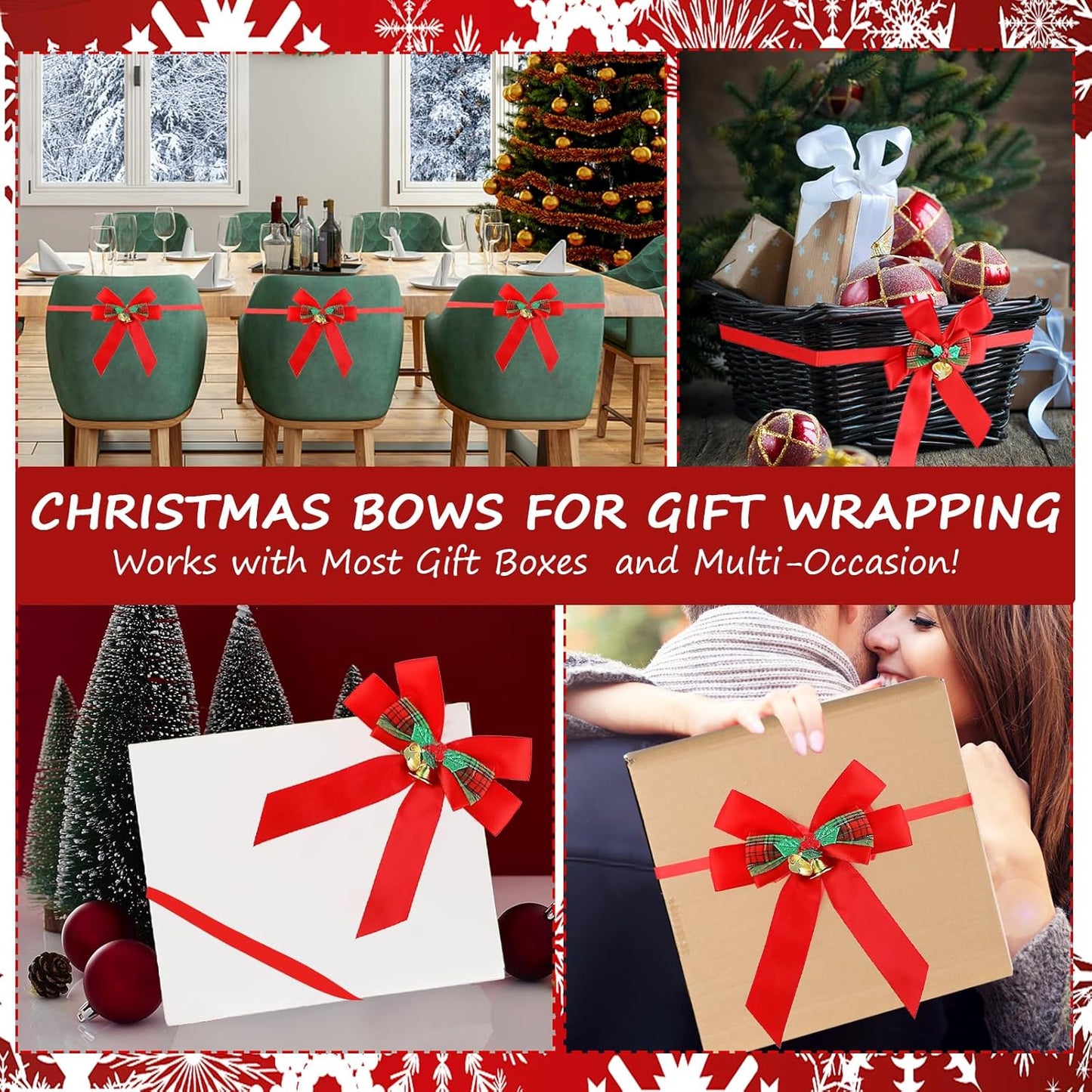 Christmas Bows for Gift Wrapping, 24 Elastic Red Stretch Loops with Bows,3 Sizes Red Bows Ribbon Crafts Perfect Boxes, Party Favors and Weddings