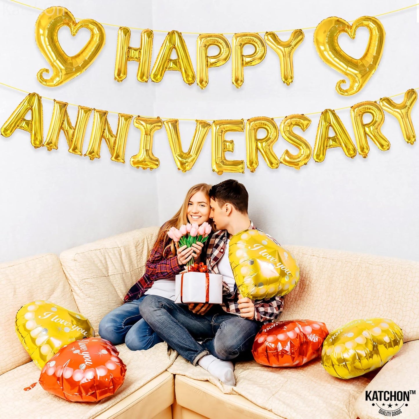 KatchOn, Gold Happy Anniversary Balloons Letters - 18 Inch, Heart Balloons Foil | Gold Happy Anniversary Banner for happy anniversary Decorations