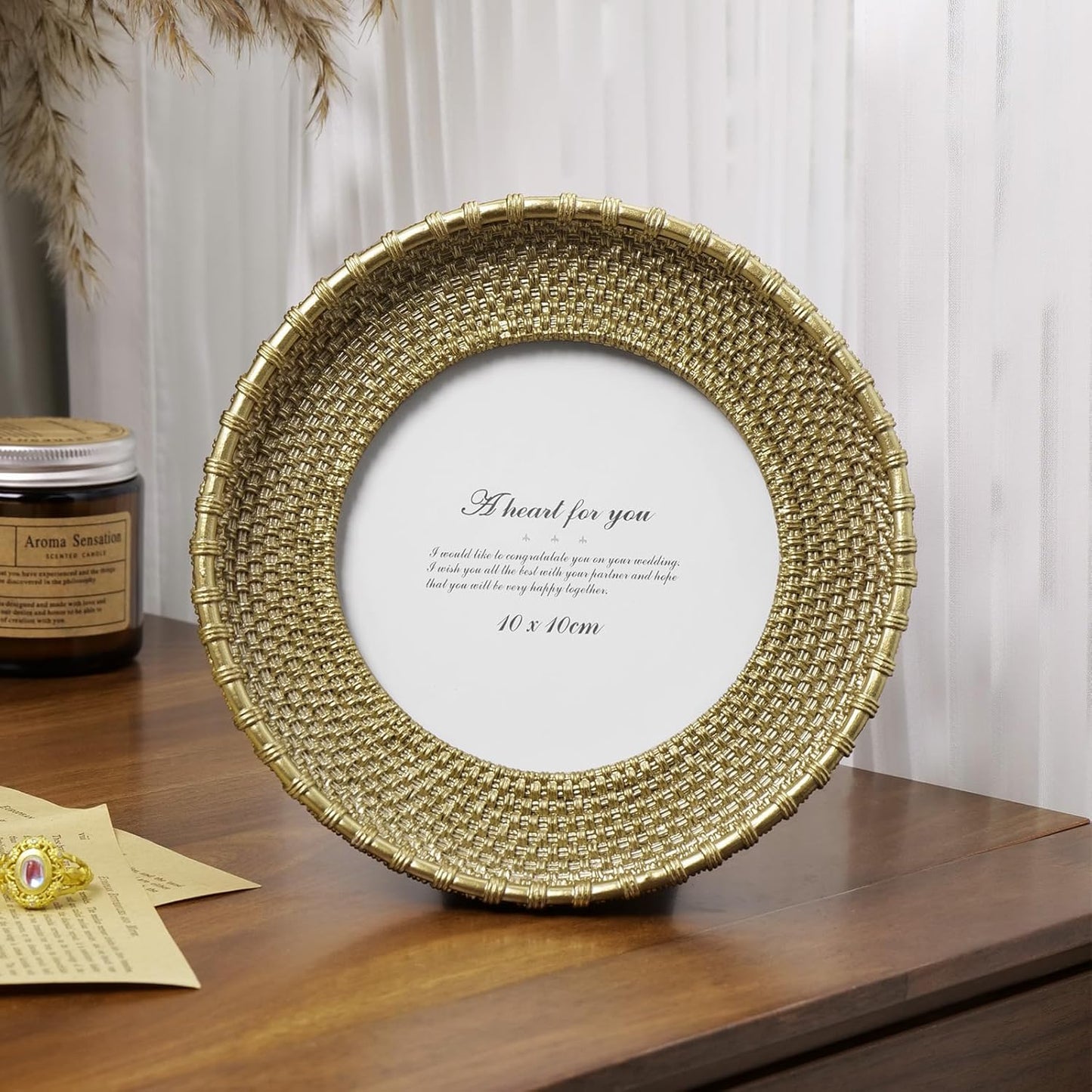 Cuspin Round Picture Frame 4x4 Vintage Gold Frames, Rattan Textured Hand-Crafted Photo Frame with Glass Front, Antique Picture Frame for Tabletop Display & Wall Display, Retro Design Home Decor