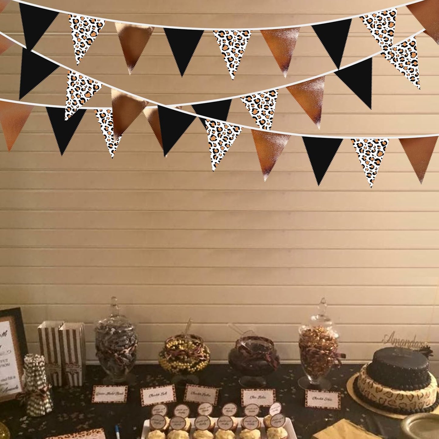 32Ft Cheetah Party Decorations Metallic Brown Black Leopard Triangle Banner Flag Pennant Fabric Garland Streamers for Wild Animals Birthday Cheetah Baby Shower Jungle Safari Party Decor Supplies