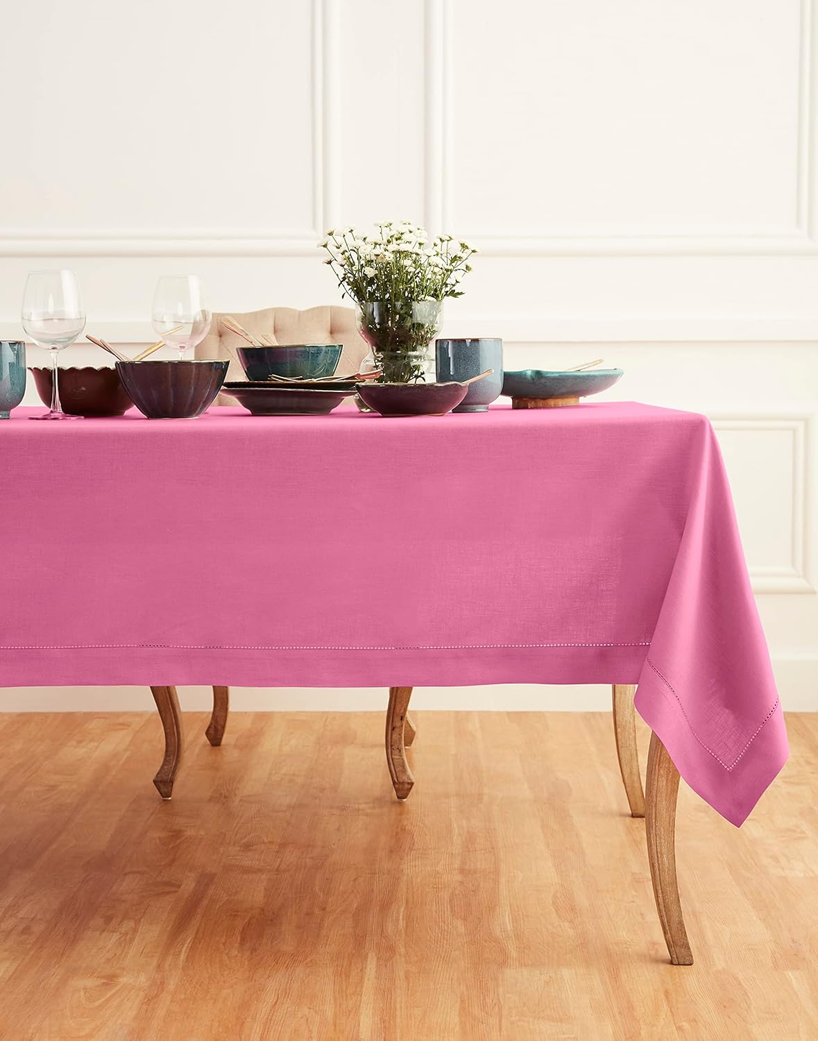 Solino Home Linen Tablecloth for Rectangle Tables 60 x 120 Inch - Classic Hemstitch 100% Pure Linen Flamingo Pink Table Cloth - Machine Washable Cloth Tablecloth for Halloween