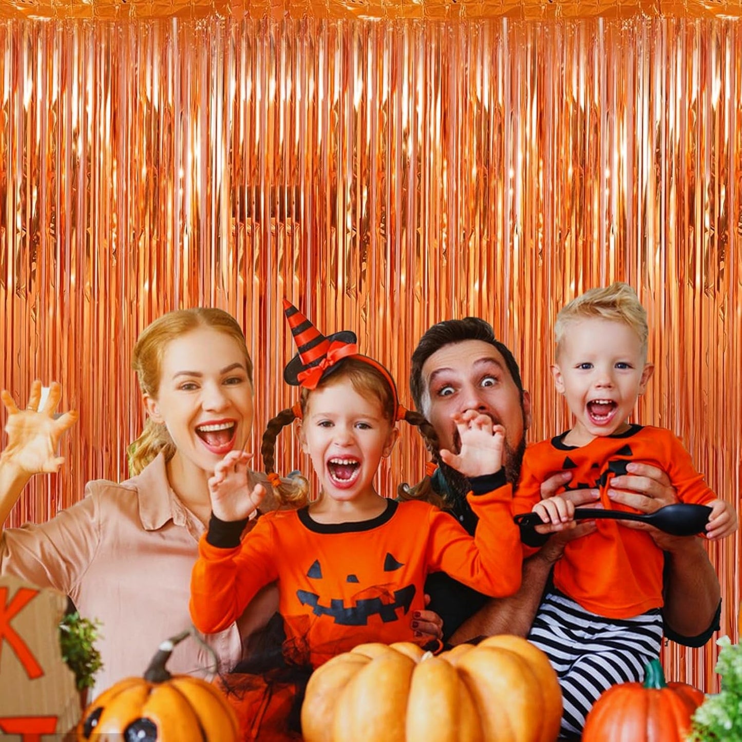 2 Pack 3.28 ft x 6.56 ft Orange Tinsel Curtain Party Backdrop Decorations, Metallic Foil Fringe Backdrop Door for Halloween, Christmas, Birthday Graduation Wedding Party Streamers Photo Backdrop.