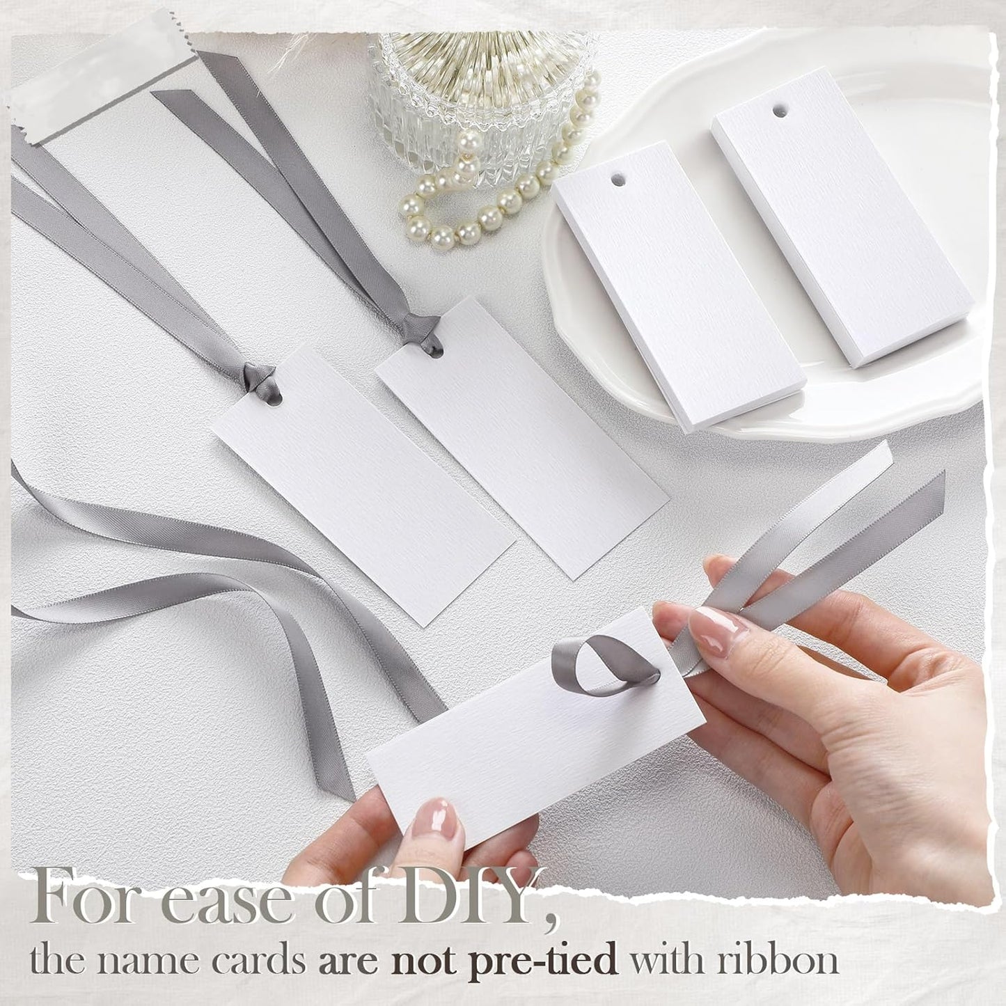50 Pcs Name Place Cards for Table Setting Blank Wedding Place Cards with Satin Ribbon 1.57 x 3.54 Inch Hanging Gift Tags for Wedding Dinner Banquet Party Table Setting Supplies (Silver)