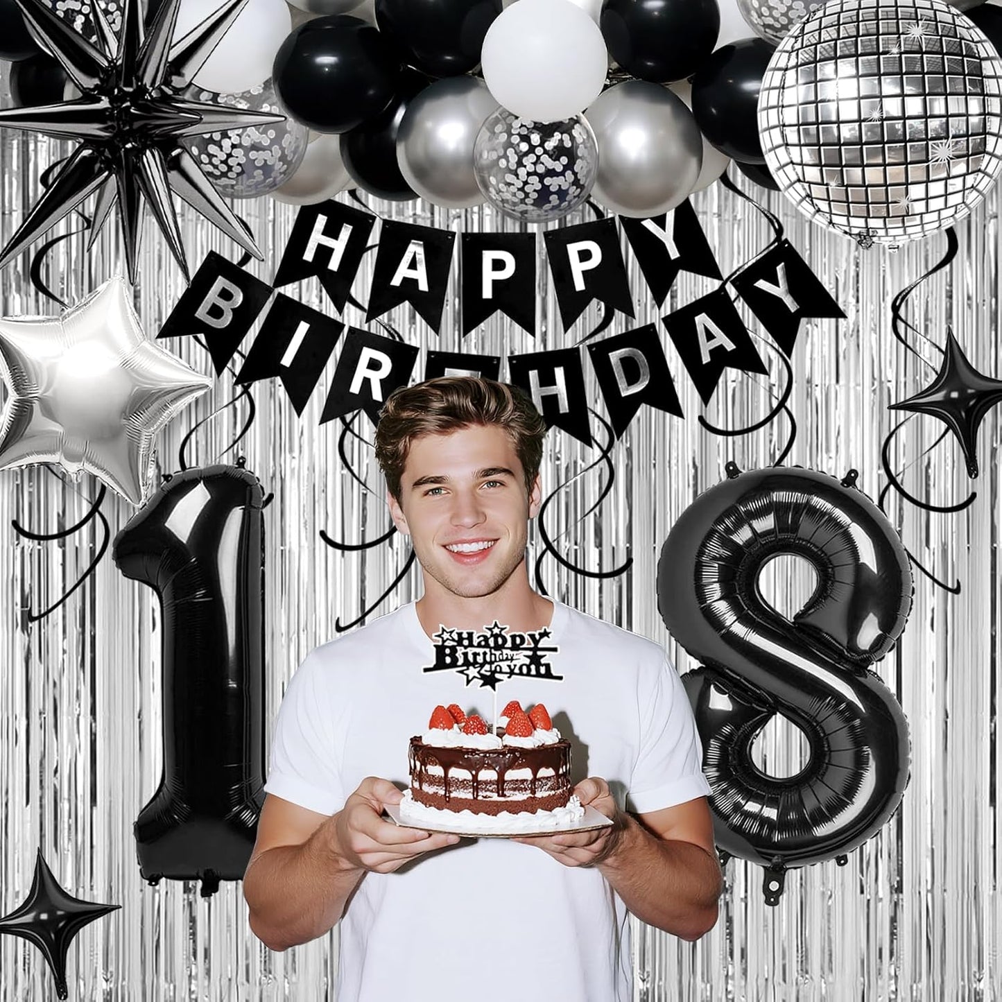 18th Birthday Decorations for Boys Girls, Black Silver Happy Birthday Party Decorations， 18 Year Old Party Supplies with Number 18 Balloons, Banner, Fringe Curtains Kit