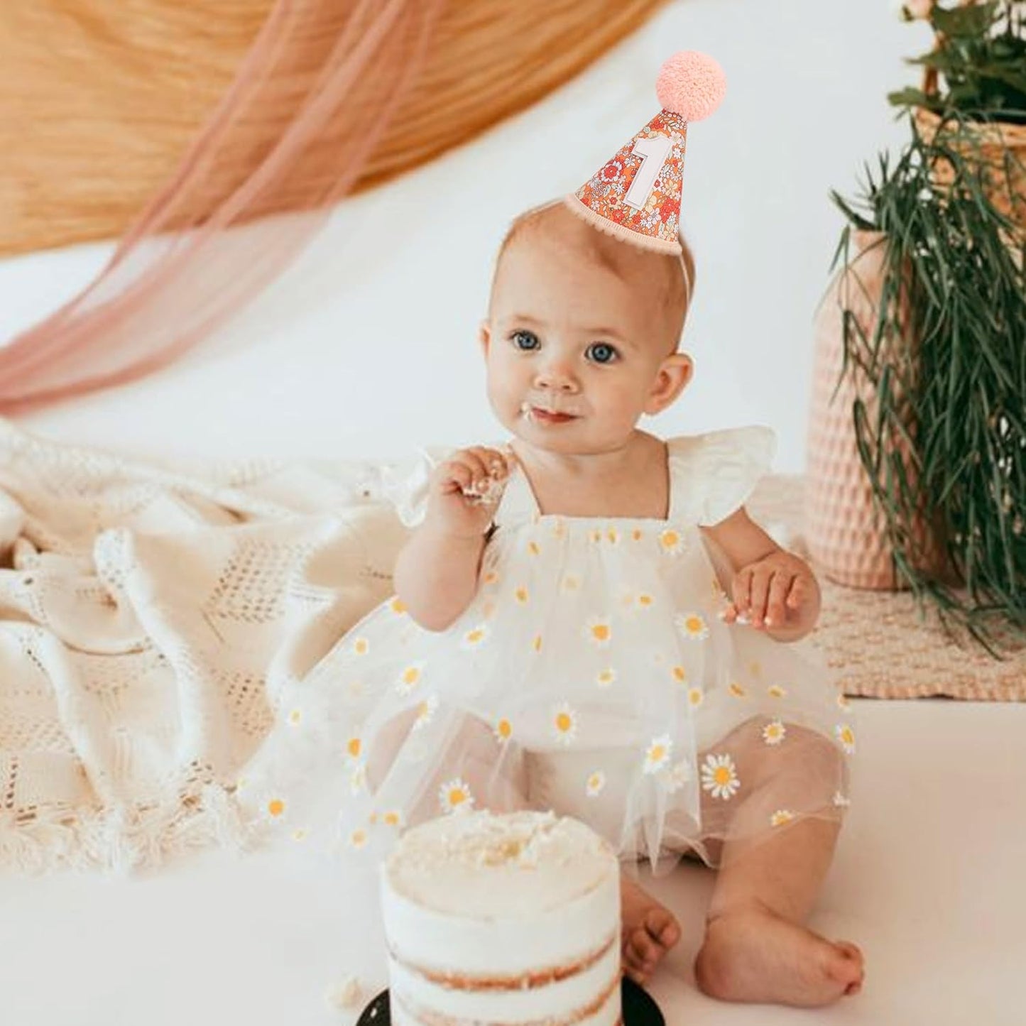 WAUAO Floral 1st Birthday Hat - Colorful Flower Cone Hat for Girls & Boys, First Birthday Crown, Party Photo Prop