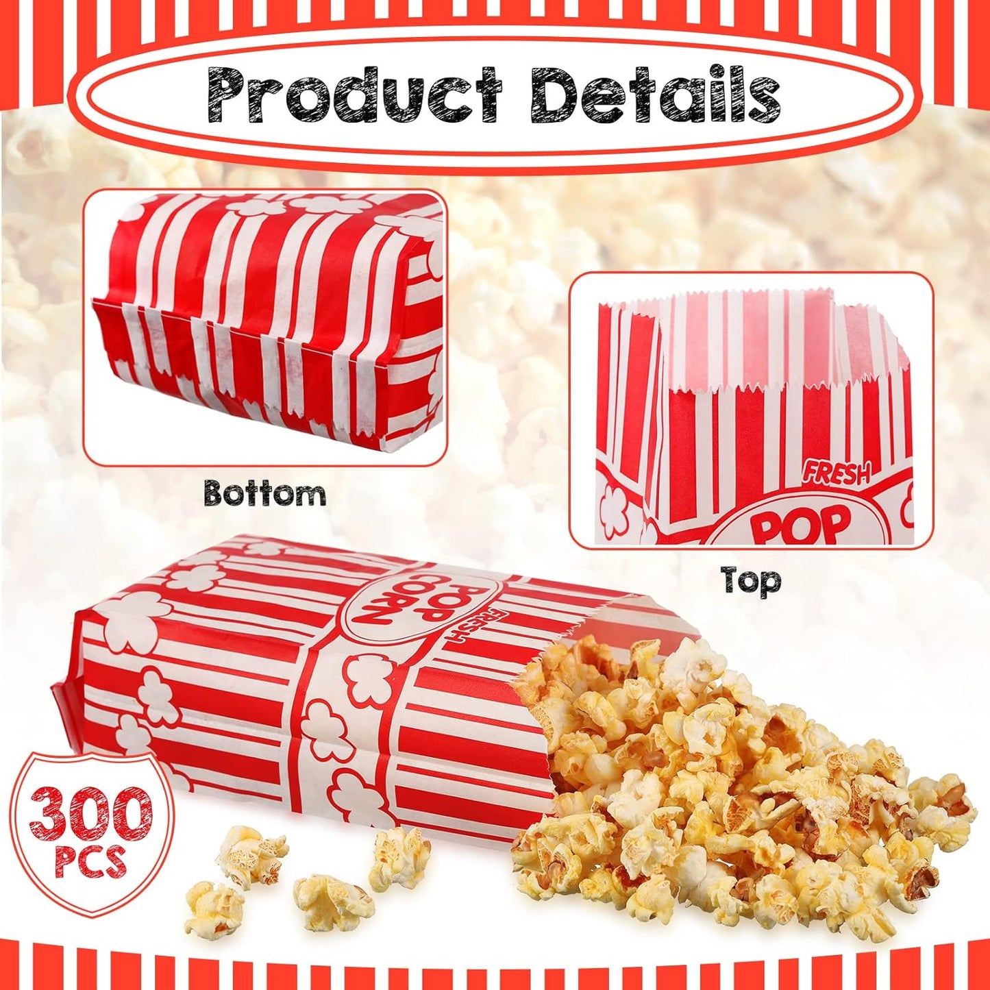 300 Pcs Popcorn Bags Paper Grease Resistant Popcorn Bags Disposable Red and White Striped Popcorn Container for Family Movie Night Movie Party Carnival Theater Popcorn Machine (1 oz)