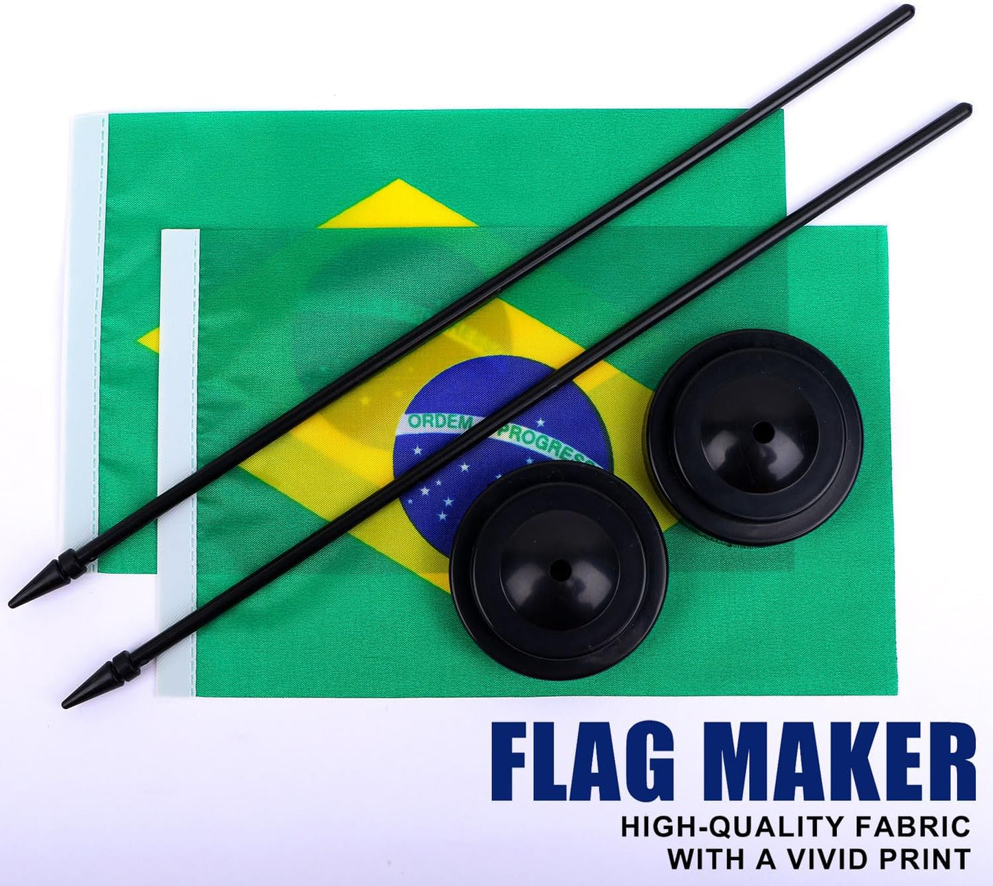 Brazil Desk Flag 12" Solid Pole Deluxe Set Brazilian Flags Banner Mini Small Brazil Office Table Flags with Black Stand Base Desktop Decorations(2Pack)