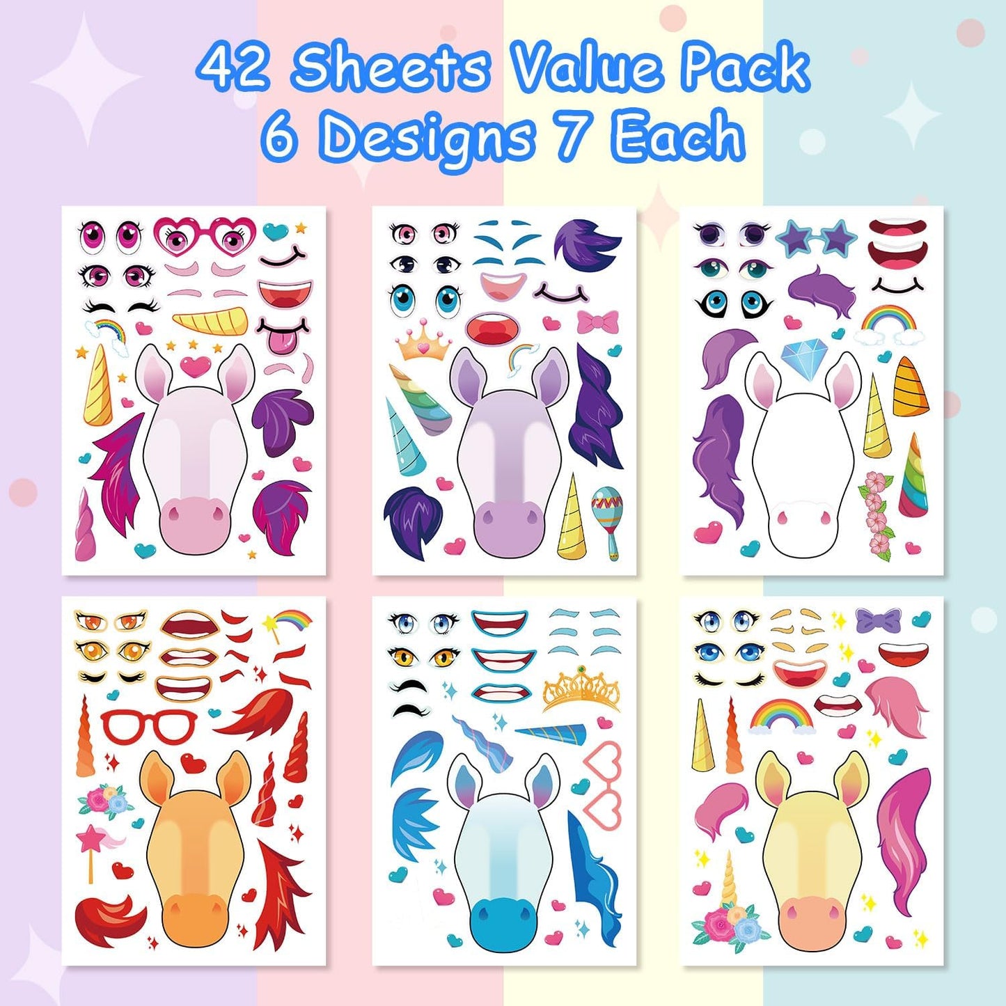 Aowplc 42 Sheets Unicorn Make‑a‑Face Stickers, Fantasy Party Favors, Crafts & Activities, Birthday Supplies for Kids & Girls