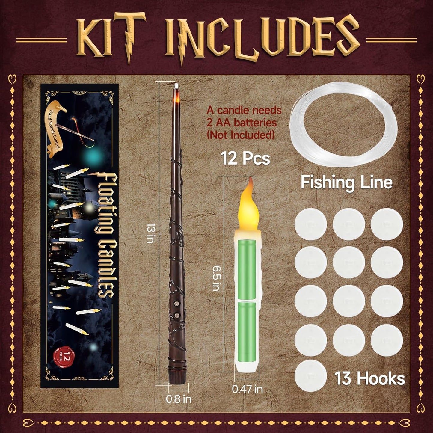 Halloween Decorations, Floating Candles with Wand, 12 PCS Magic Hanging Candles, Flickering Flameless Floating LED Candle, Witch Wizard Christmas Decor for Home Classroom Bedroom Church Birthday Party