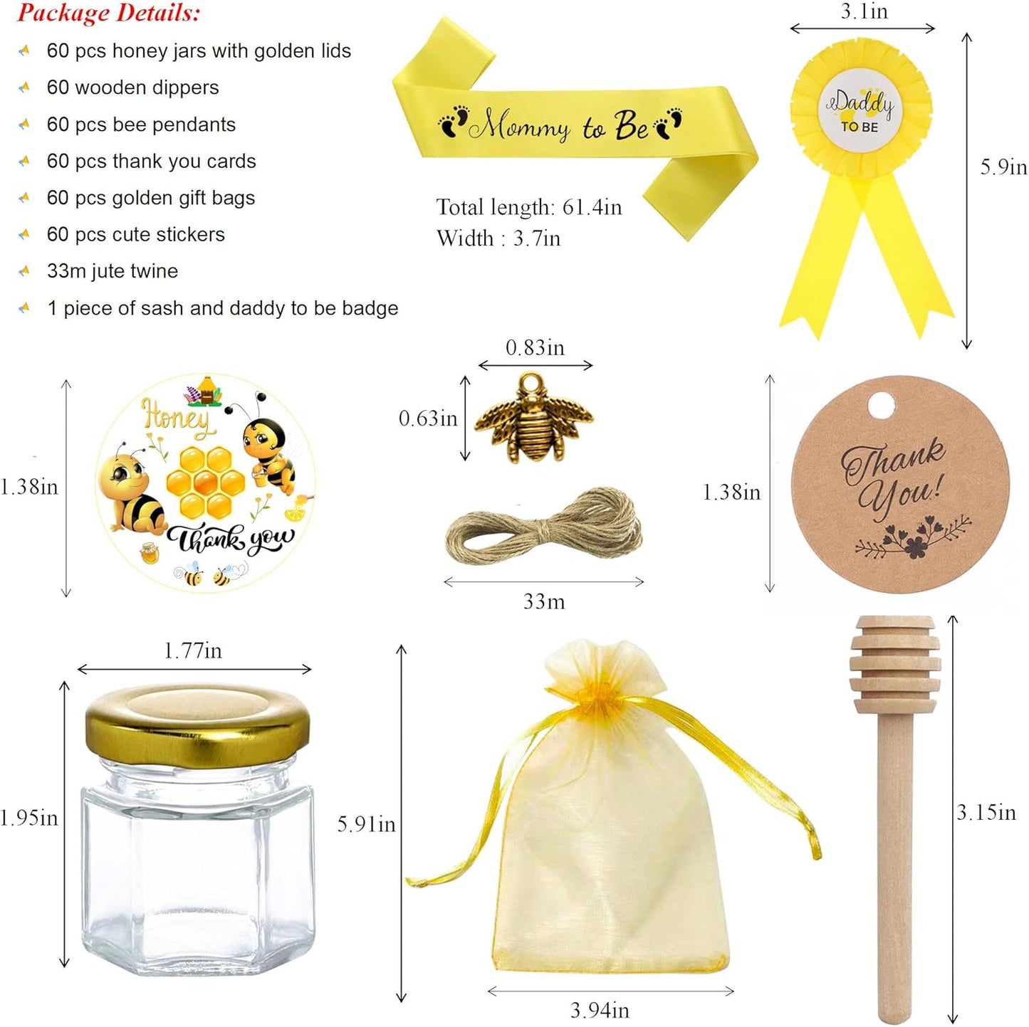 IIKUM 60 Pack 1.5 oz Glass Honey Jars with Baby Shower Sash, Dippers, Bee Pendants, Gift Bags, Thank You Cards, Jute and Stickers-Great Honey Jars Set for Baby Shower Favors, Welcome Baby Decorations