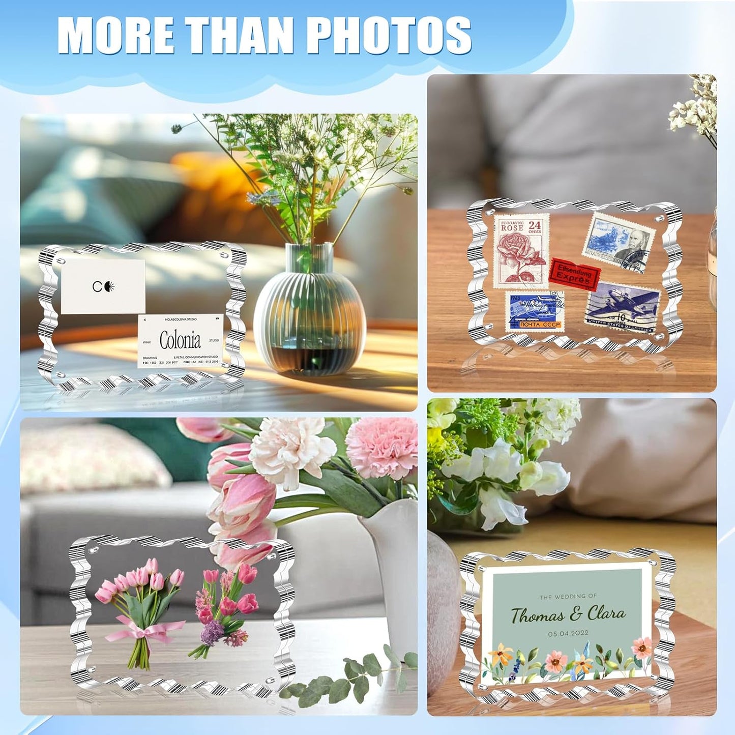 Aheroi 4x6 Acrylic Picture Frames, 3 Pack Clear Scalloped Acrylic Photo Frame Freestanding Magnetic Picture Frames for Desktop, Transparent Thickened Double Sided Picture Holder, Exclusive Shape Design