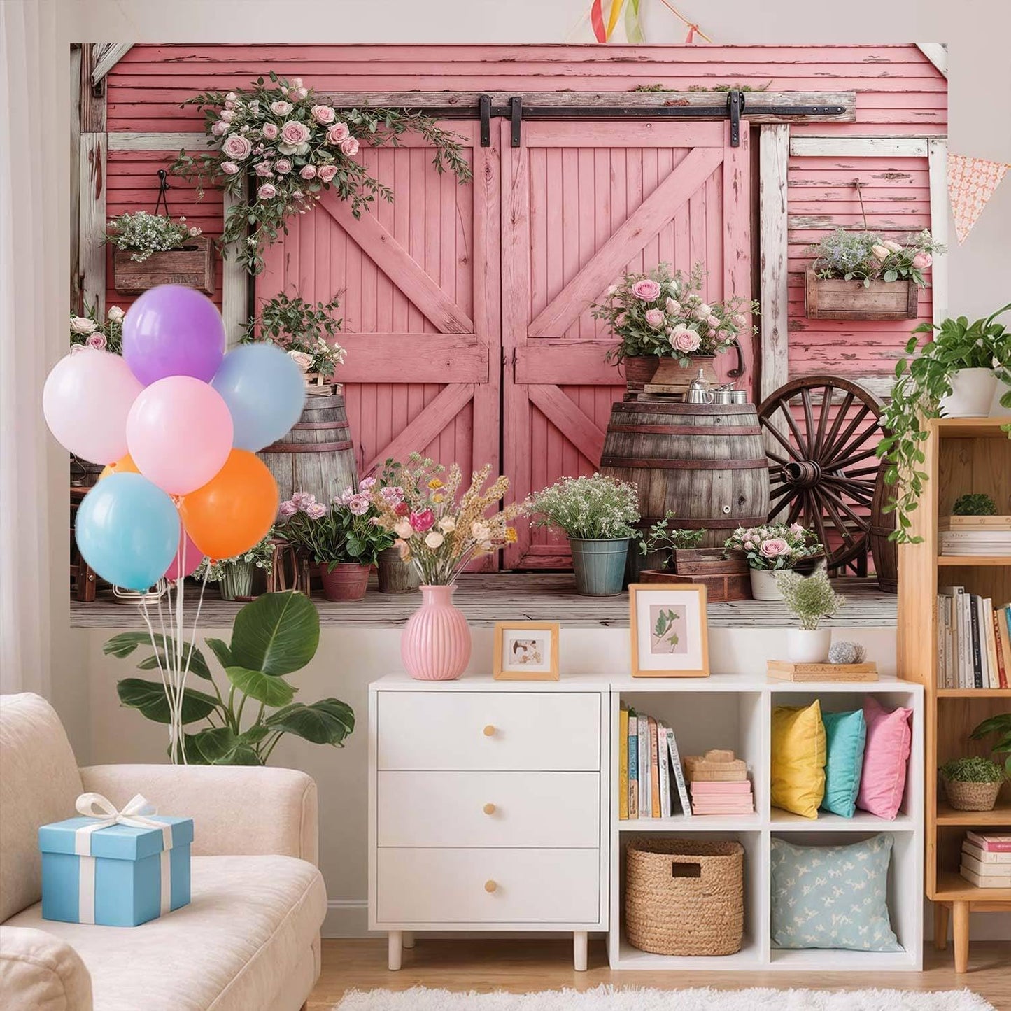 6x4ft Country Wedding Pink Photography Backdrop Rustic Wooden Barn Door Photography Backdrop Farmhouse Flower Western Girl Birthday Baby Shower Wedding Bridal Party Banner Photo Booth Props Background