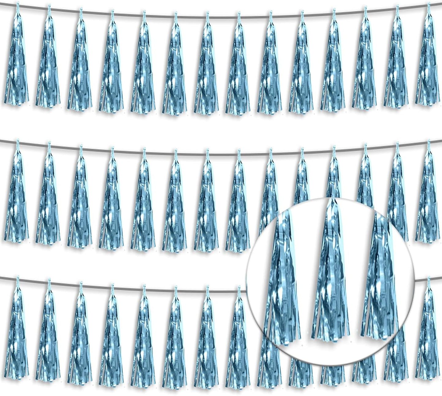 3P Metallic Fringe Tassel Banner Garland Foil Tinsel Streamer Wall Hanging Curtain Backdrop Banner for Parade Floats, Graduation Decorations, Wedding Party Decoration(Light Blue)