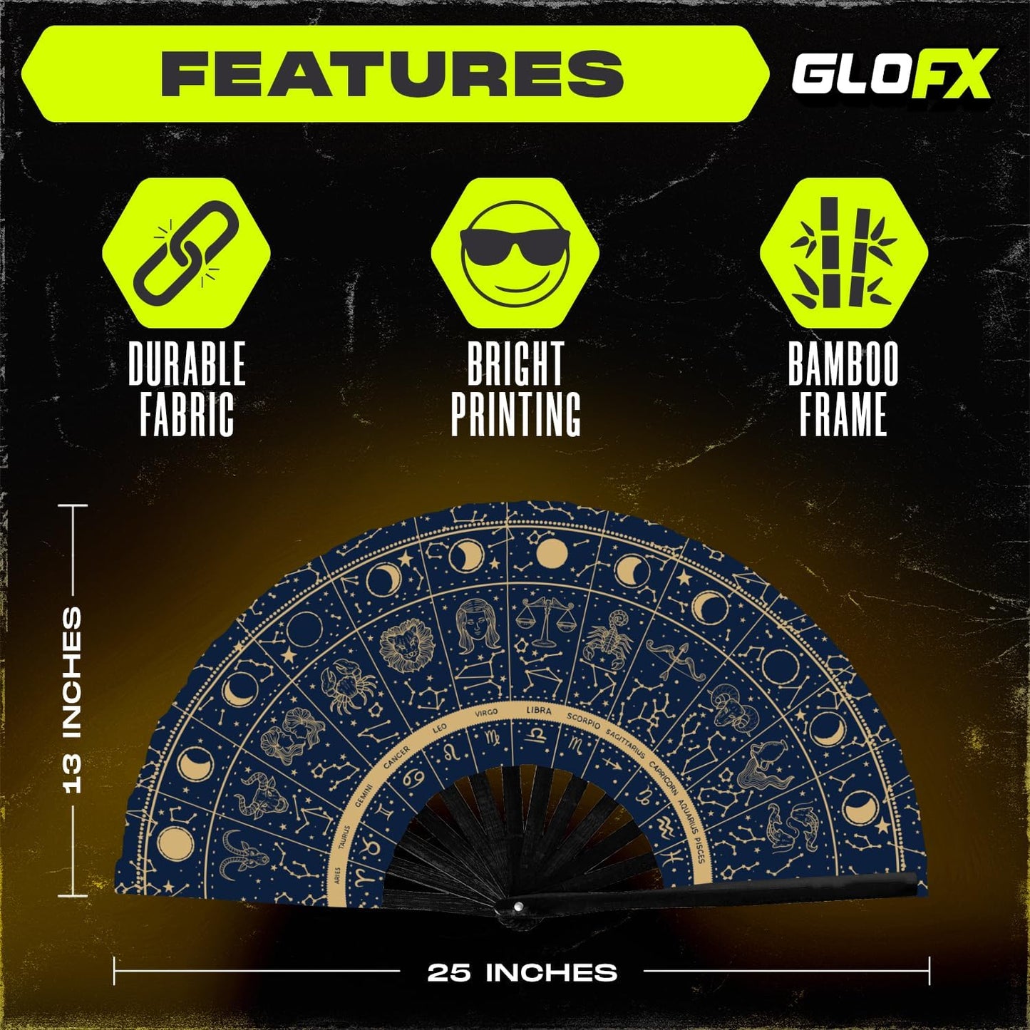 GloFX Rave Fan - Zodiac Signs - Large Folding Hand Fan Astrological Signs Designs for Festival Outfits, Cosmic Events - Perfect Accessory for Astrology Enthusiasts and Stargazers