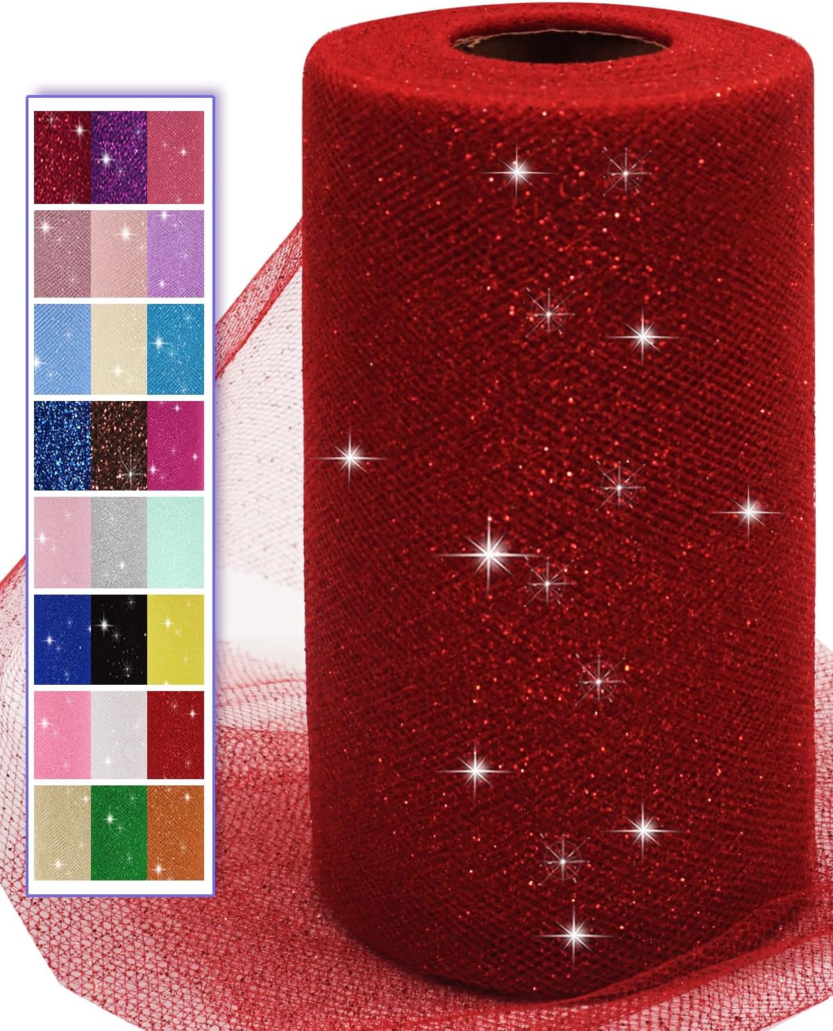 Glitter Tulle Fabric Rolls, 6 Inch 50 Yards (150ft) Sparkling Spool Ribbon Sequin Netting for Tutu Skirt Gift Wrapping Wedding Party Decoration (Red)