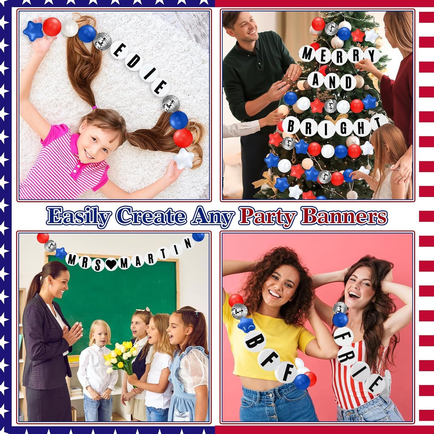 Giant Friendship Bracelet Garland Kit, DIY Birthday Banner with Letters Ball Jumbo Customizable Friendship Bracelet Decor for Halloween Christmas Wedding Party(White, Red, Blue)