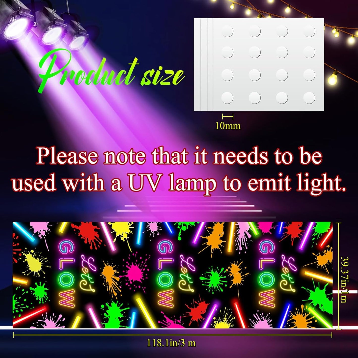 Haull 118 x 39 Inch Neon Light up Dance Floor Glow in The Dark Runner UV Reactive Blacklight Floor Aisle Runner Decor Wall Props for 80s 90s Neon Birthday Party Decorations(Let's Glow)