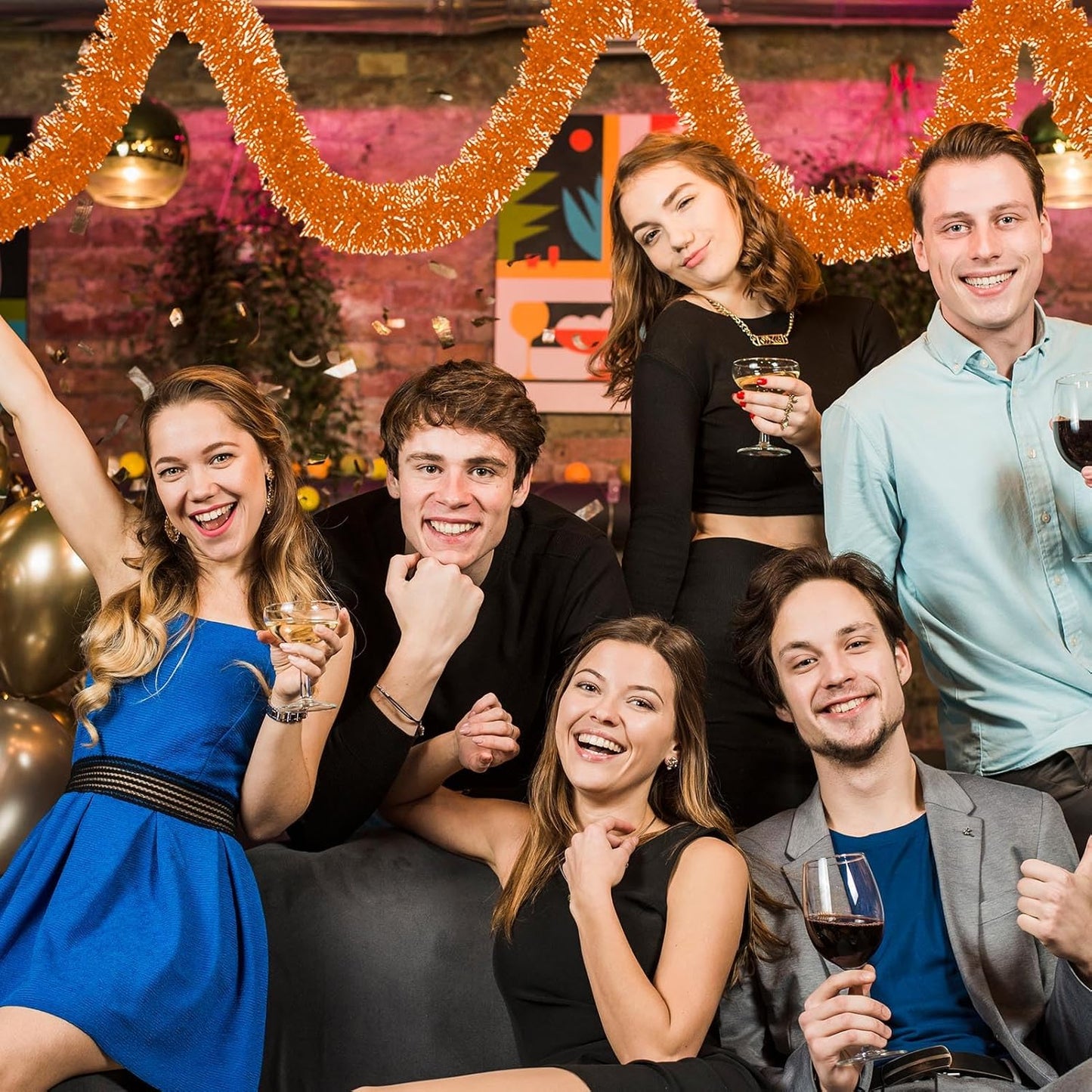 50 Feet Macaron Orange Christmas Tinsel Garland, Metallic Foil Twist Banner Wall Hanging Tinsel Streamers Backdrop for Parade Floats, Christmas, Mother's Day, Birthday Party Decorations(2in x 50ft)