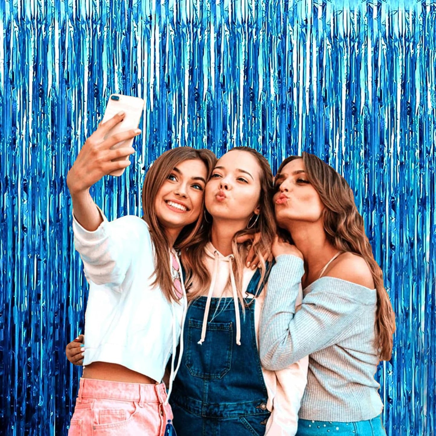 4P Metallic Foil Fringe Tinsel Table Skirts for Rectangle Tables Backdrop Banner Streamer Garland Curtains for Parade Floats Wedding Graduation Anniversary Birthday Parties Decoration (Lake Blue)