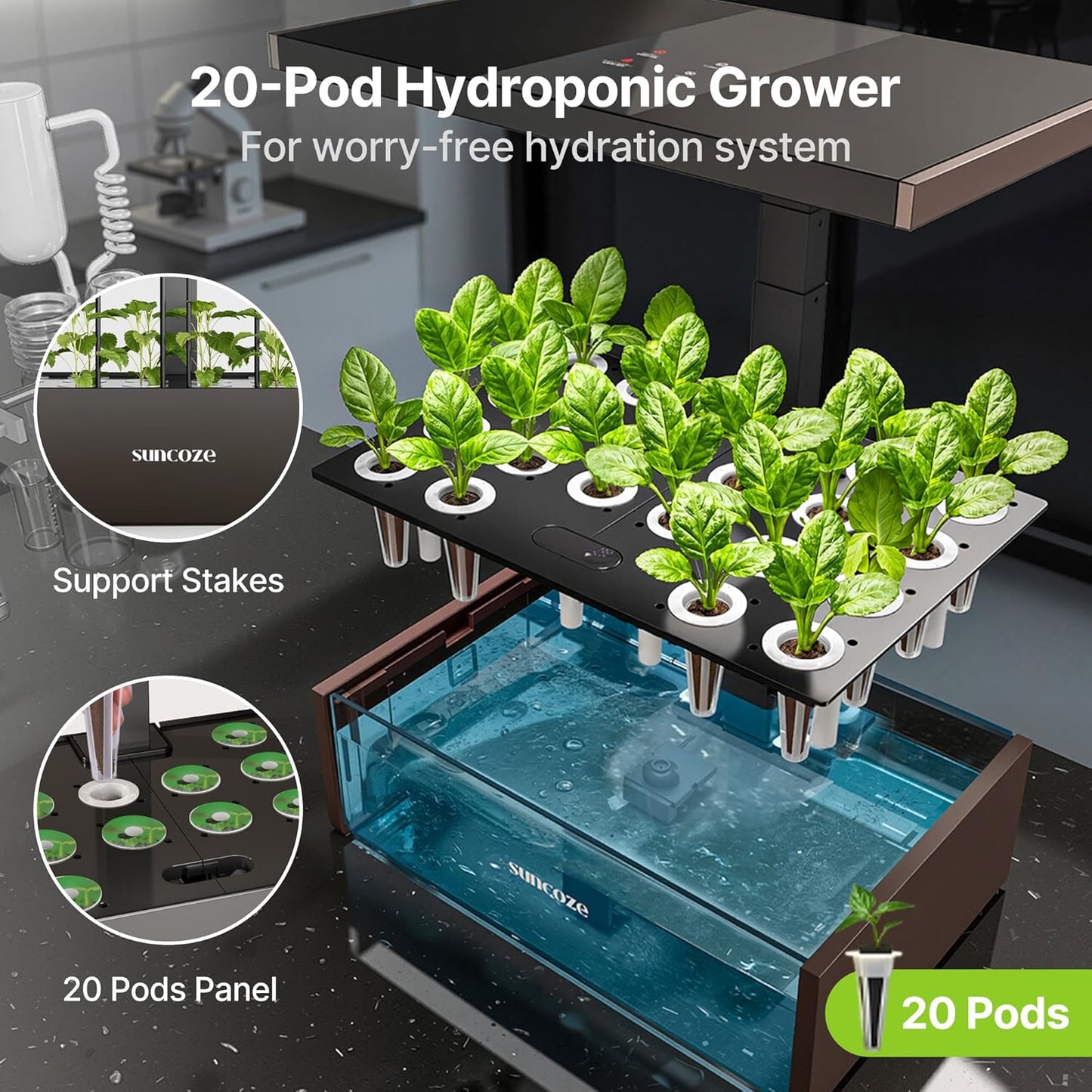 SUNCOZE Hydroponics Growing System Kit, 20 Pods Indoor Herb Garden with 10L Water Tank & Adjustable Height 25", 36W LED Grow Light, LCD Display with Veg/Flower Modes, Pump & Low Water Reminder, Black