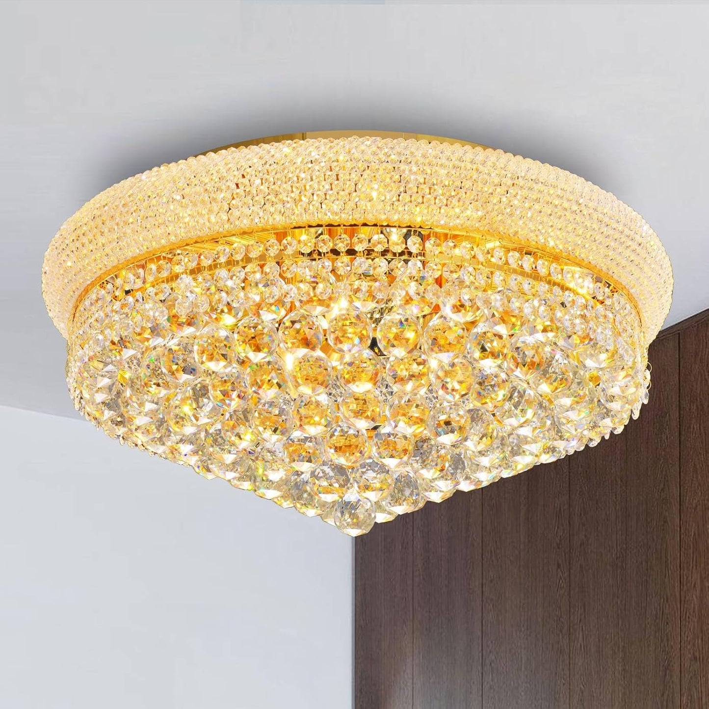 11-Lights Golden Finish Classic Empire Style K9 Crystal Chandelier Ceiling Light for Living Room Foyer Dining Room Hallway Bedroom (24×12 inch) New Packaging Easy to Install