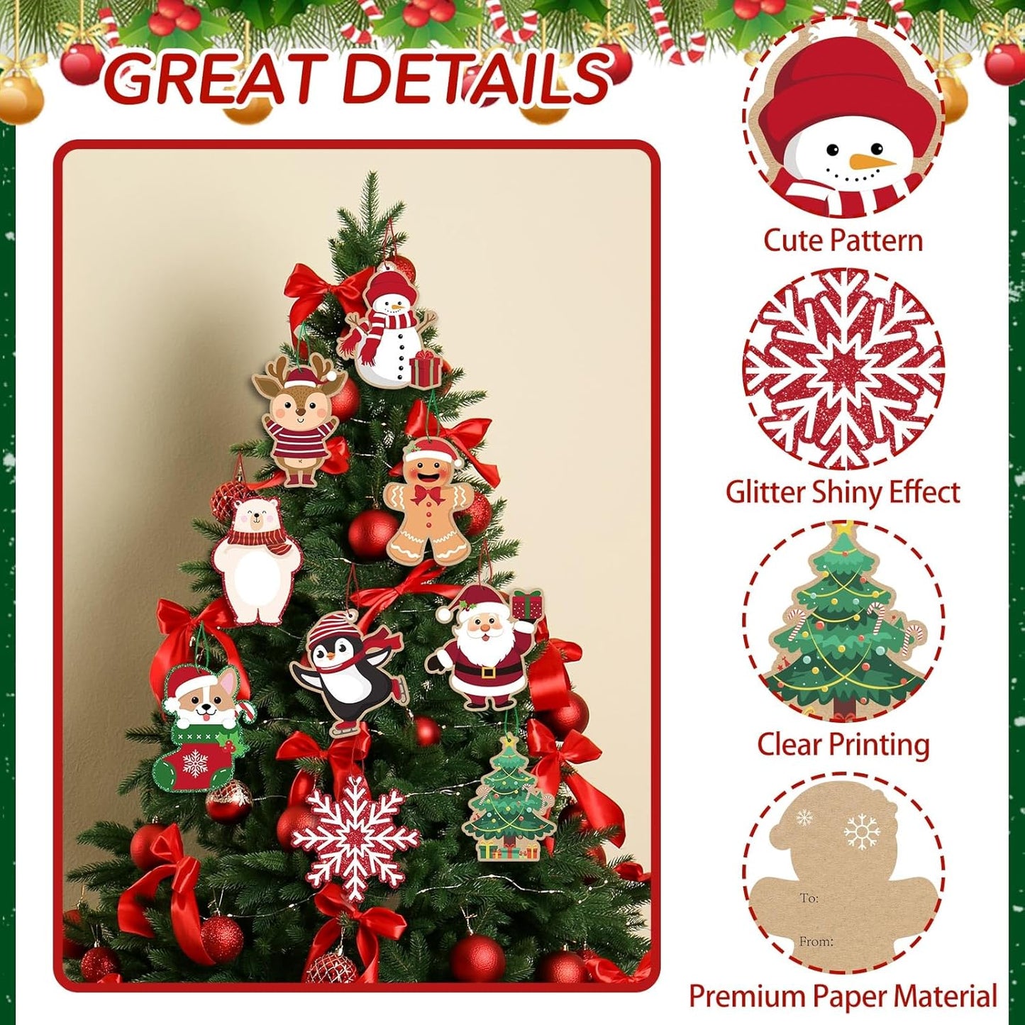 Glitter Printed Xmas Gift Labels - 63Pcs Christmas Name Tags with String and Reindeer, Santa, Snowman Gift Labels for DIY Holiday Present Wrapping