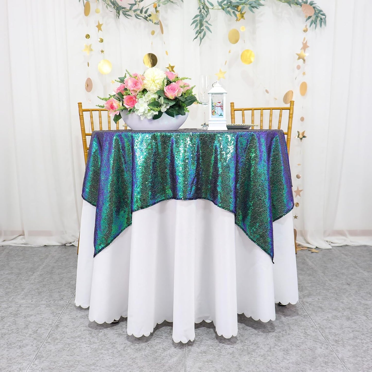 ShinyBeauty Iridescent Green Sequin Tablecloth 54x54” - Square Glitter Overlay for Birthday, Baby Shower, Wedding, Party & Event Decor - Elegant & Sparkly Table Cover