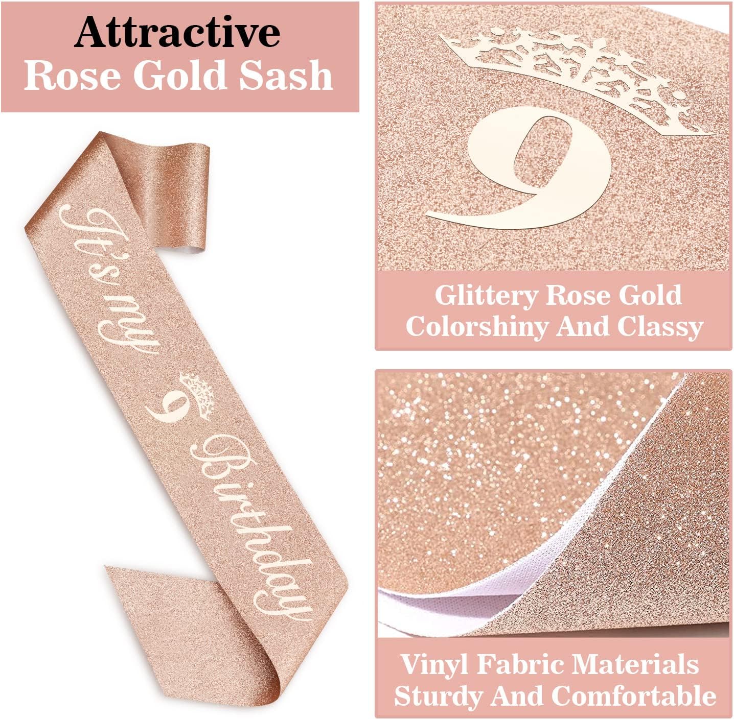 9th Birthday Decorations for Girl Including Sash, Crown, Numeral Candle and Cake Topper, 9 Year Old Girls Party Favor Supplies