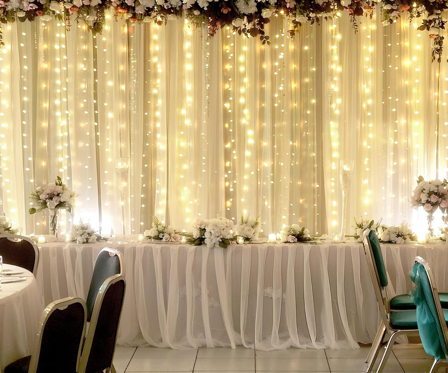 Champagne Tulle Photo Backdrop Curtain with Lights String for Parties Wedding Bridal Shower Sheer Champagne Curtain Backdrop for Birthday Baby Shower Photo Booth Photography 20ft x 8ft