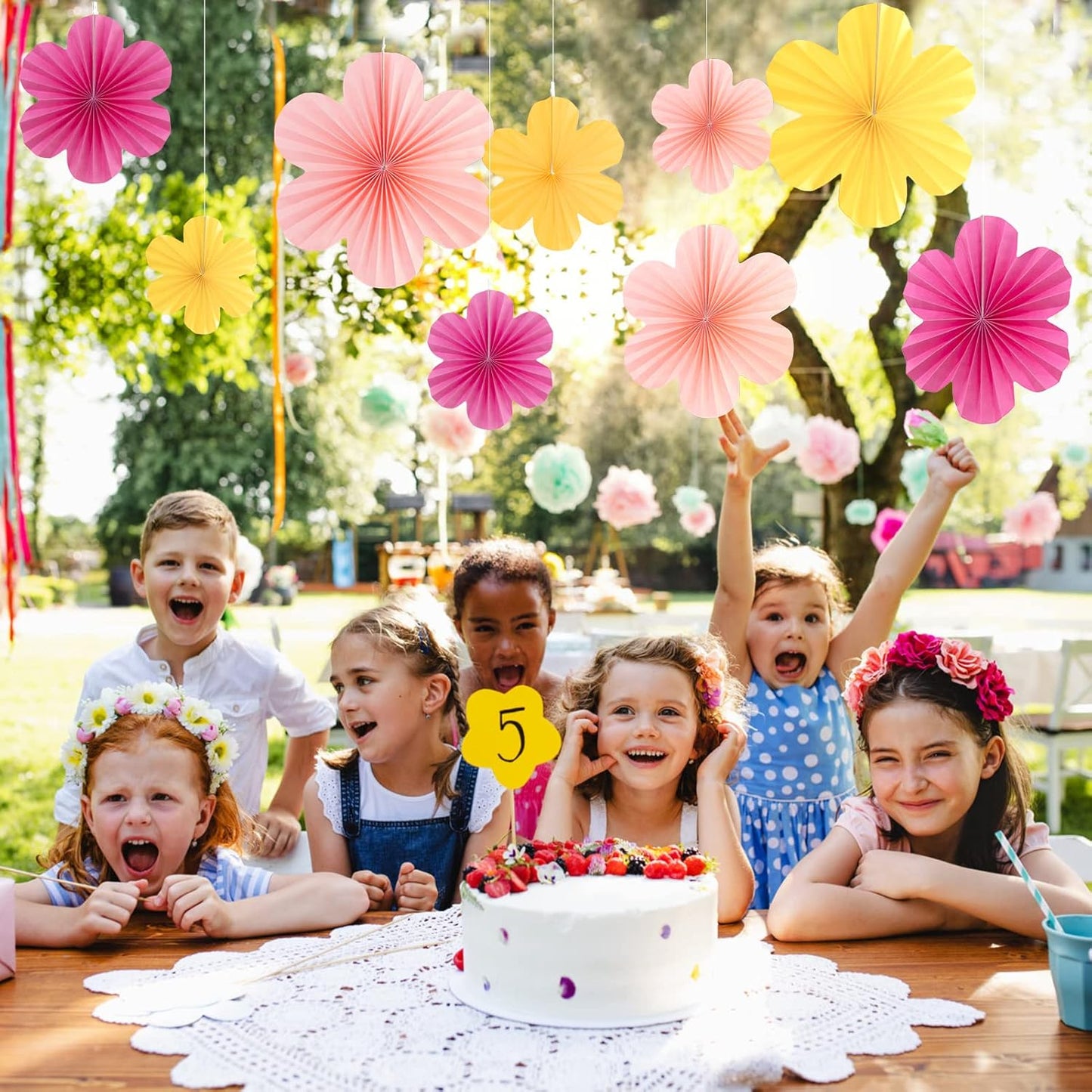 Easy Joy Paper Flowers Decorations for Wall Paper Fans Classroom Decoration Paper Floral Backdrop Decor Paper Fans Decoration Hanging Paper Fans Pink Flower Wall Decor, Set of 9