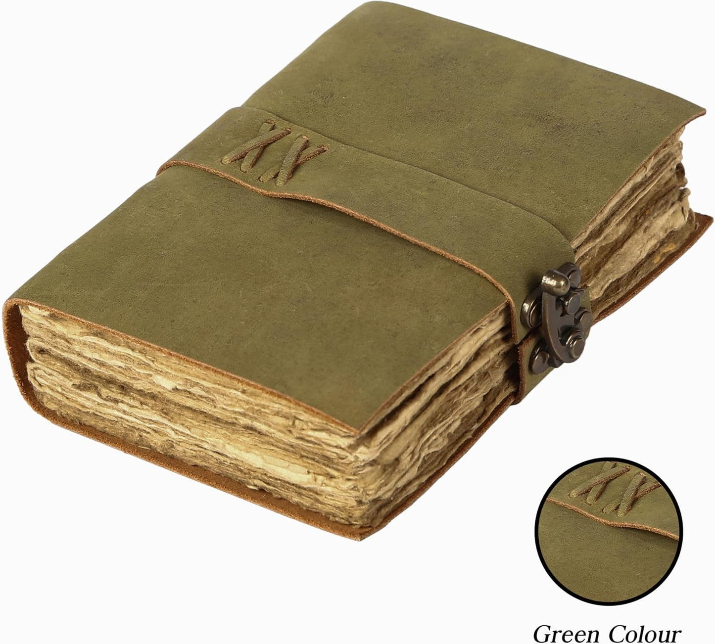 Vintage Leather Journal Handmade Buffalo Non-Refillable Deckle Edge Paper – Leather Bound Journal for Women Men Vintage C-Lock Closure Ideal for Writing & Travel for Artists (Green)