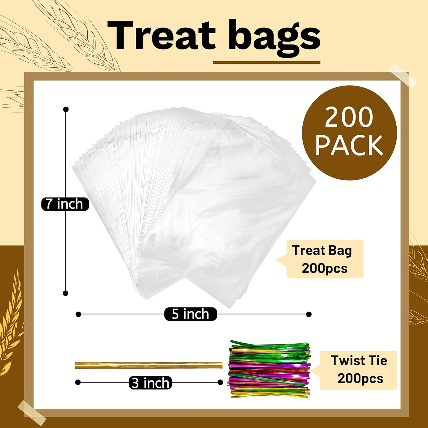 LOKIQNG Cellophane Bags Plastic Treat Bag Clear Cookie Candy Bags with Twist Ties for Party Favor Bag(200 Pack, 5x7inch)