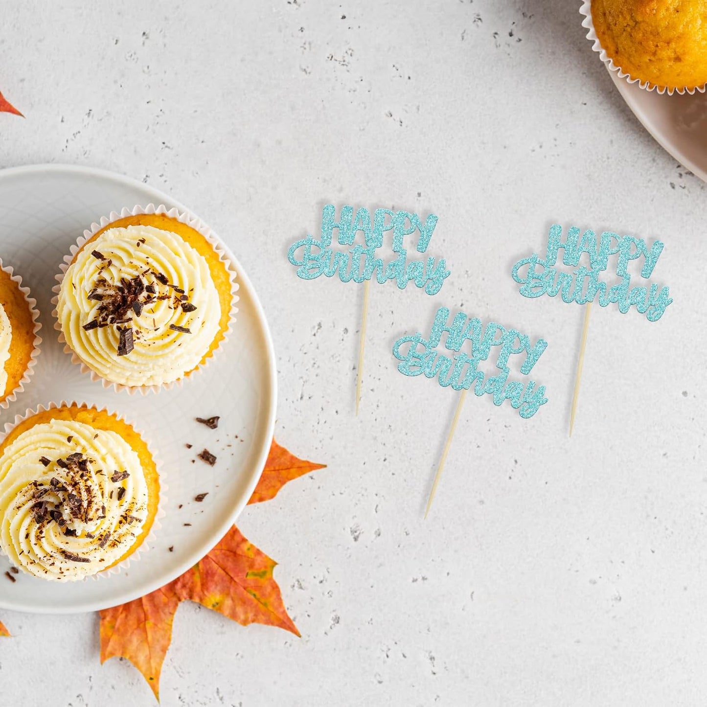 Gyufise 24Pcs Happy Birthday Cupcake Toppers Glitter Birthday Cupcake Food Picks for Celebrating Happy Birthday Party Cake Decorations Supplies Light Blue