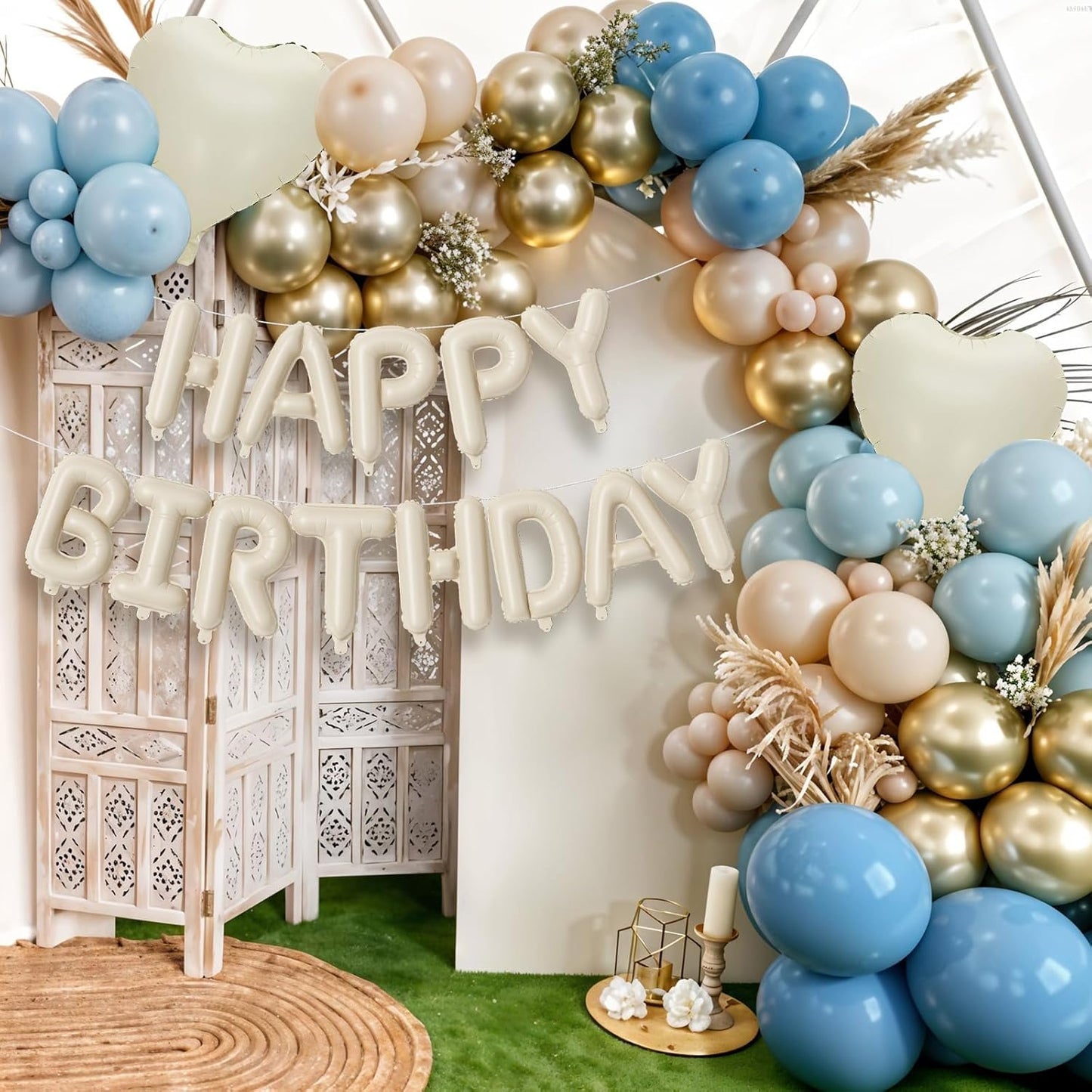 Happy Birthday Balloon Banner Cream Blue, 16 Inch Beige Mylar Letters Heart Foil Dusty Slate Blue White Sand Metallic Champagne Gold Balloons Boho Neutral Birthday Decorations for Girls Women Boy Men