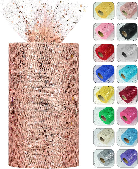 Glitter Tulle Rolls, 6” by 50 Yards (150FT) Sparkling Tulle Spool Ribbon Sequin Tulle Netting Fabric for Tutu Skirt Wedding Birthday Baby Shower (Rose Gold)