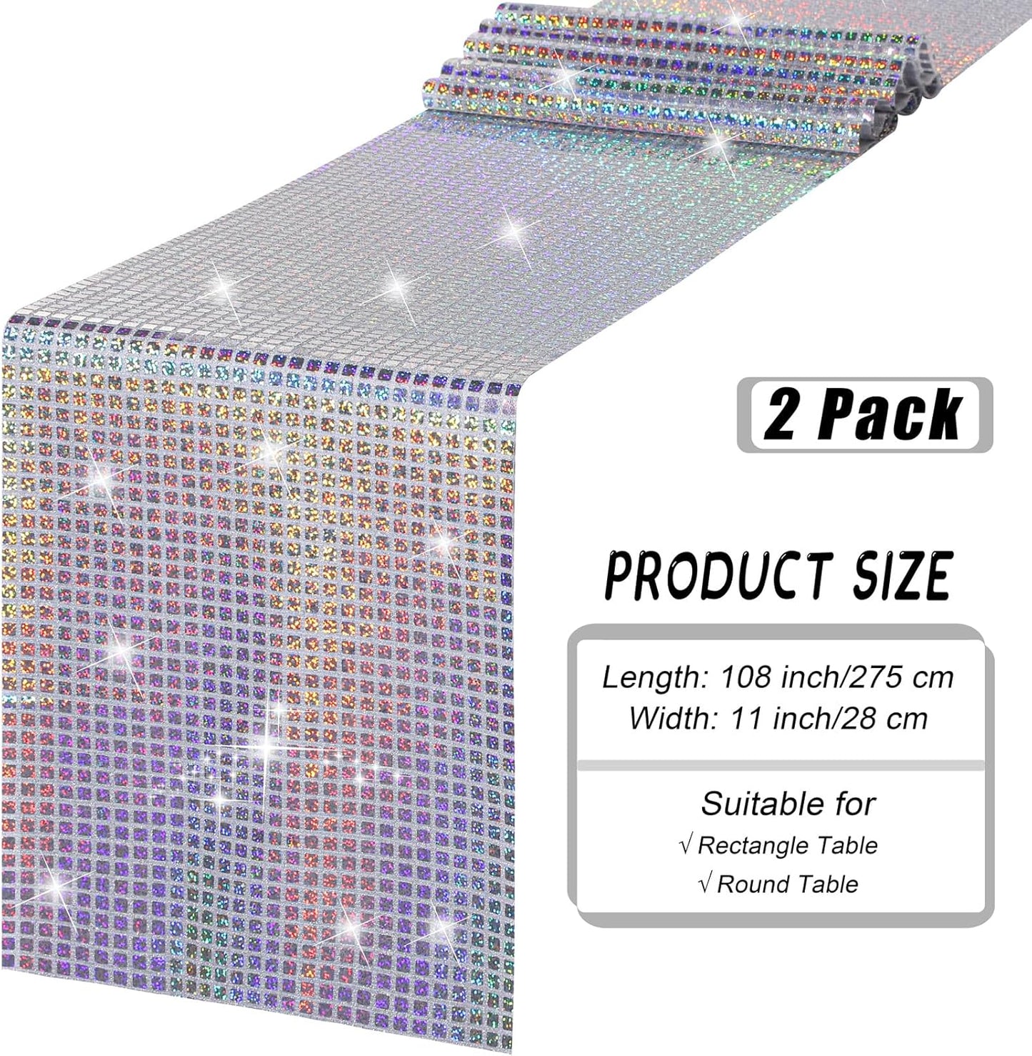 Durony 2 Pack Disco Table Runner 11 x 108 Inch Mirror Silver Laser Glitter Foil Cover With Sparkle Sequin for Bachelorette, 70s, Cowgirl Party Decorations