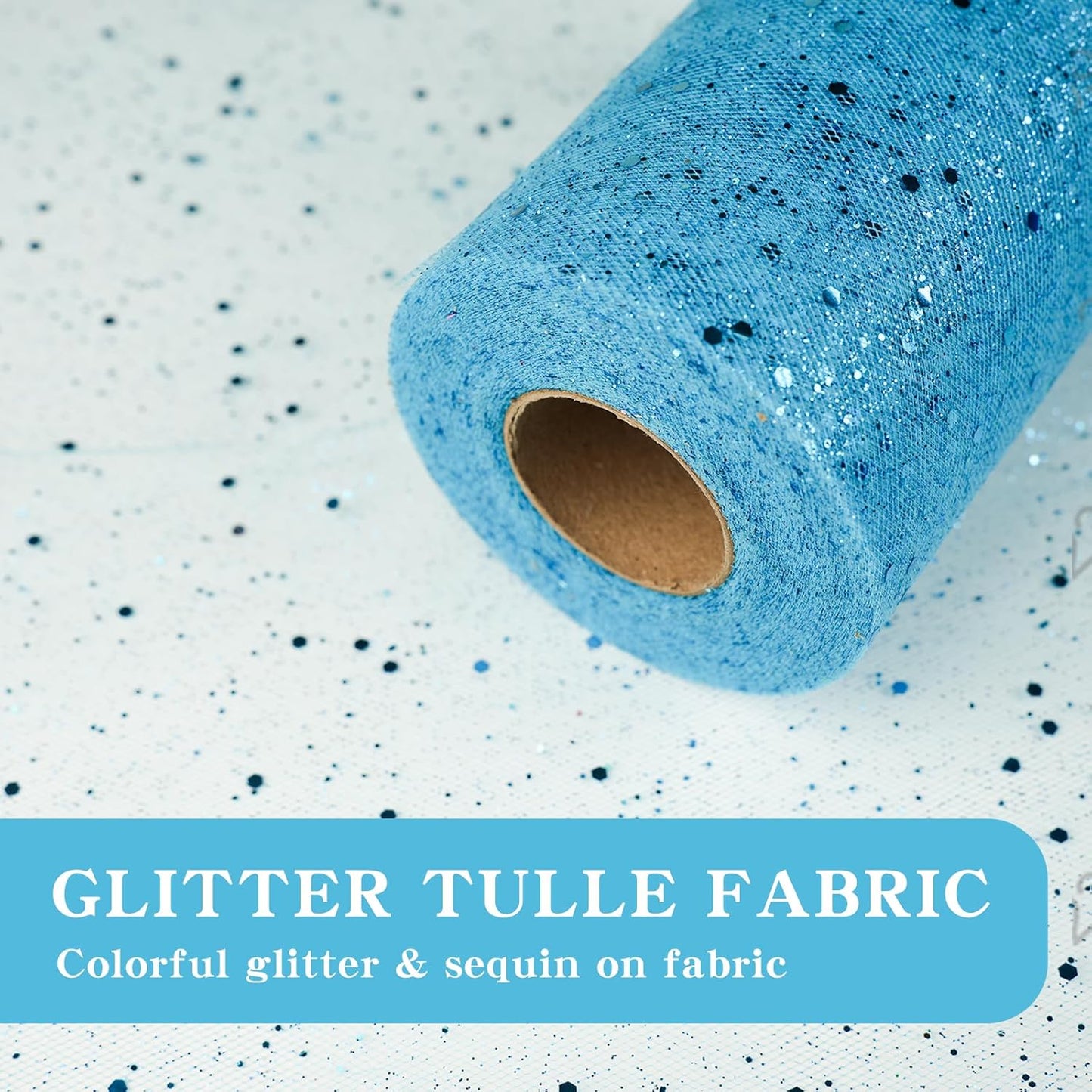 Glitter Tulle Rolls, 6” by 50 Yards (150FT) Sparkling Tulle Spool Ribbon Sequin Tulle Netting Fabric for Tutu Skirt Wedding Birthday Baby Shower (Light Blue)