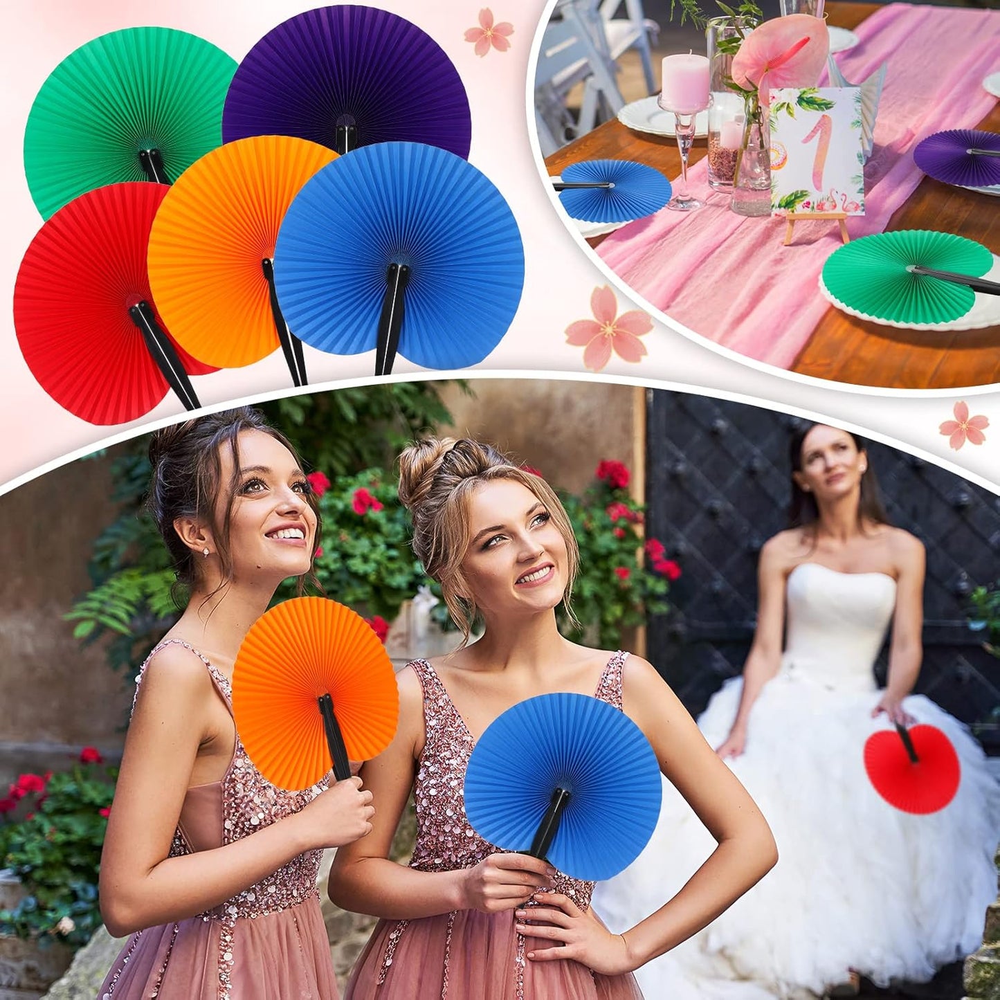 Handepo 200 Pieces Wedding Fans Folding Paper Fans Paper Fans Round Shaped Folding Fans Handheld Fan with Plastic Handle for Wedding Celebration Birthday Party Favor (Bright Colors)