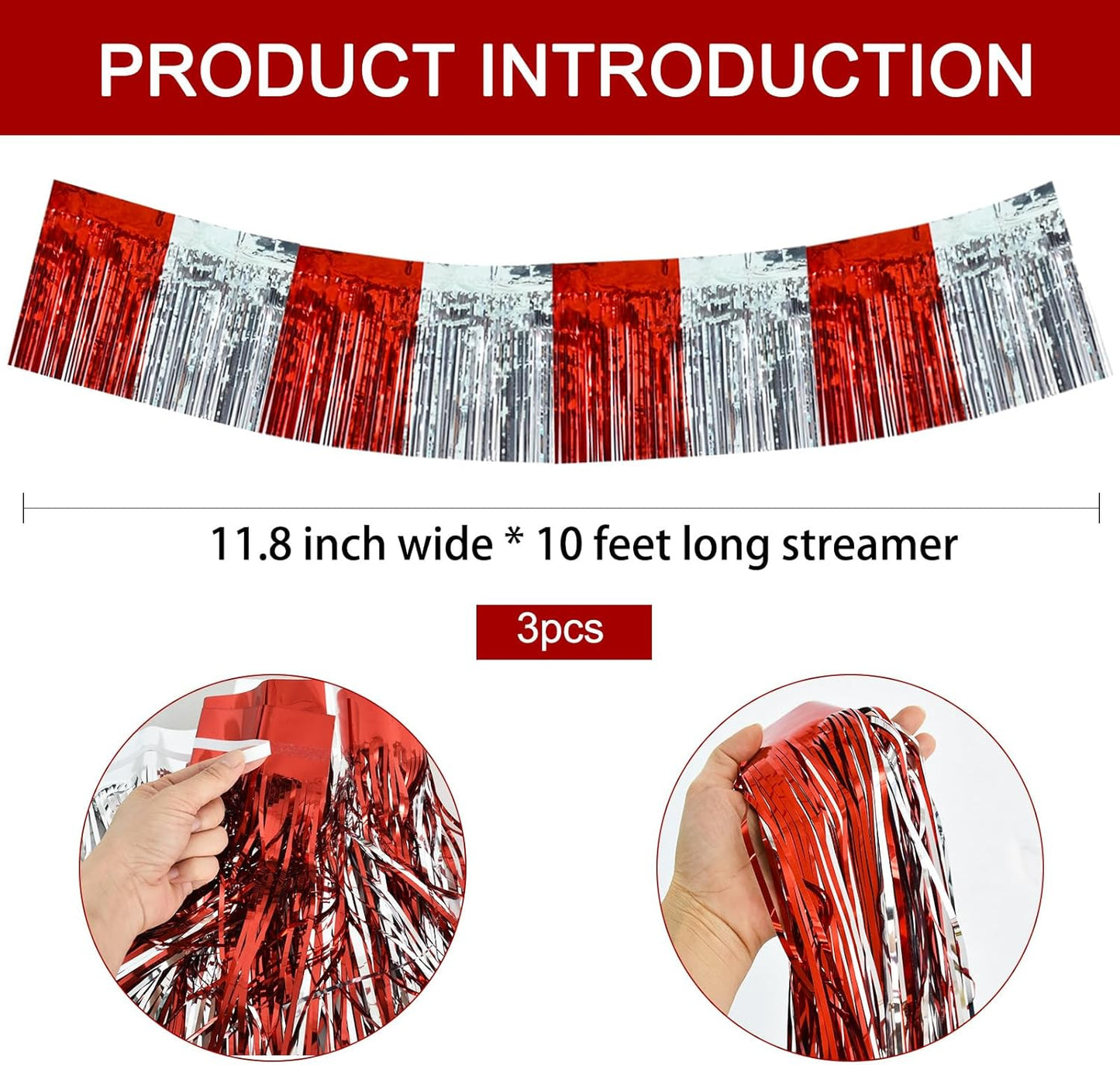 BEISHIDA 3 Packs Red Silver Metallic Foil Fringe Garland Red Silver Wall Hanging Tinsel Fringe Banners for Halloween Floats Bridal Shower Wedding Birthday Graduation Holiday Party Decoration(30 Ft)