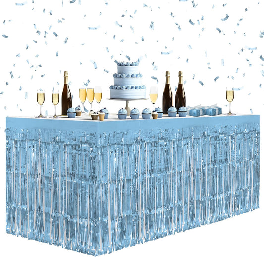 2 Pack Light Blue Table Skirts, 29x108" Metallic Foil Tinsel Fringe Table Skirts for Rectangle Tables Streamer Curtains Backdrop, Party Decorations for Birthdays Weddings Holidays